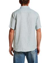 Back view of a man wearing a Short Sleeve Linen Shirt in Teal Mist, showcasing the classic fit and short sleeves.