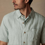 Short Sleeve Linen Shirt in Teal Mist