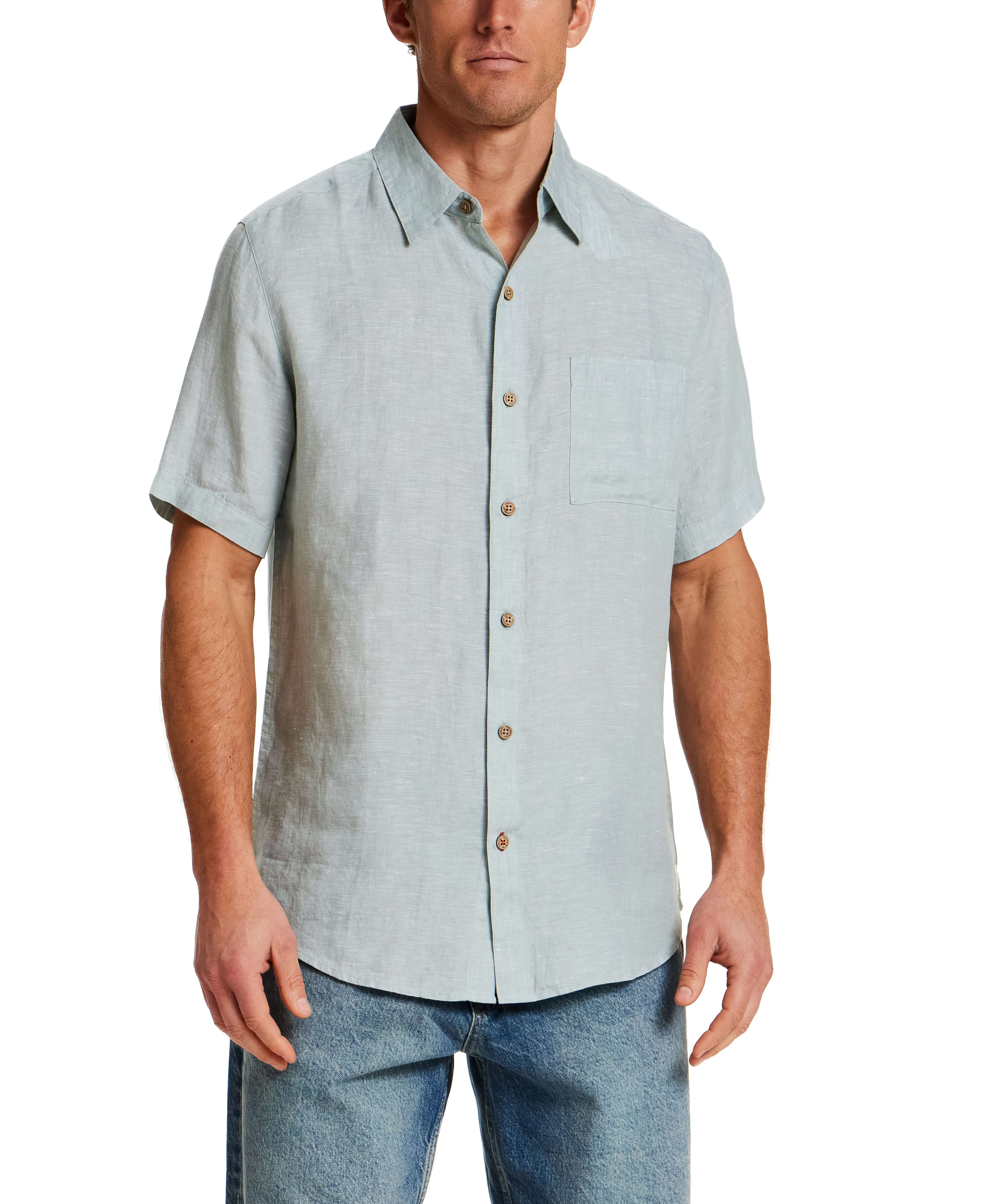 Short Sleeve Linen Shirt in Teal Mist model wearing comfortable fit with a chest pocket and short sleeves.