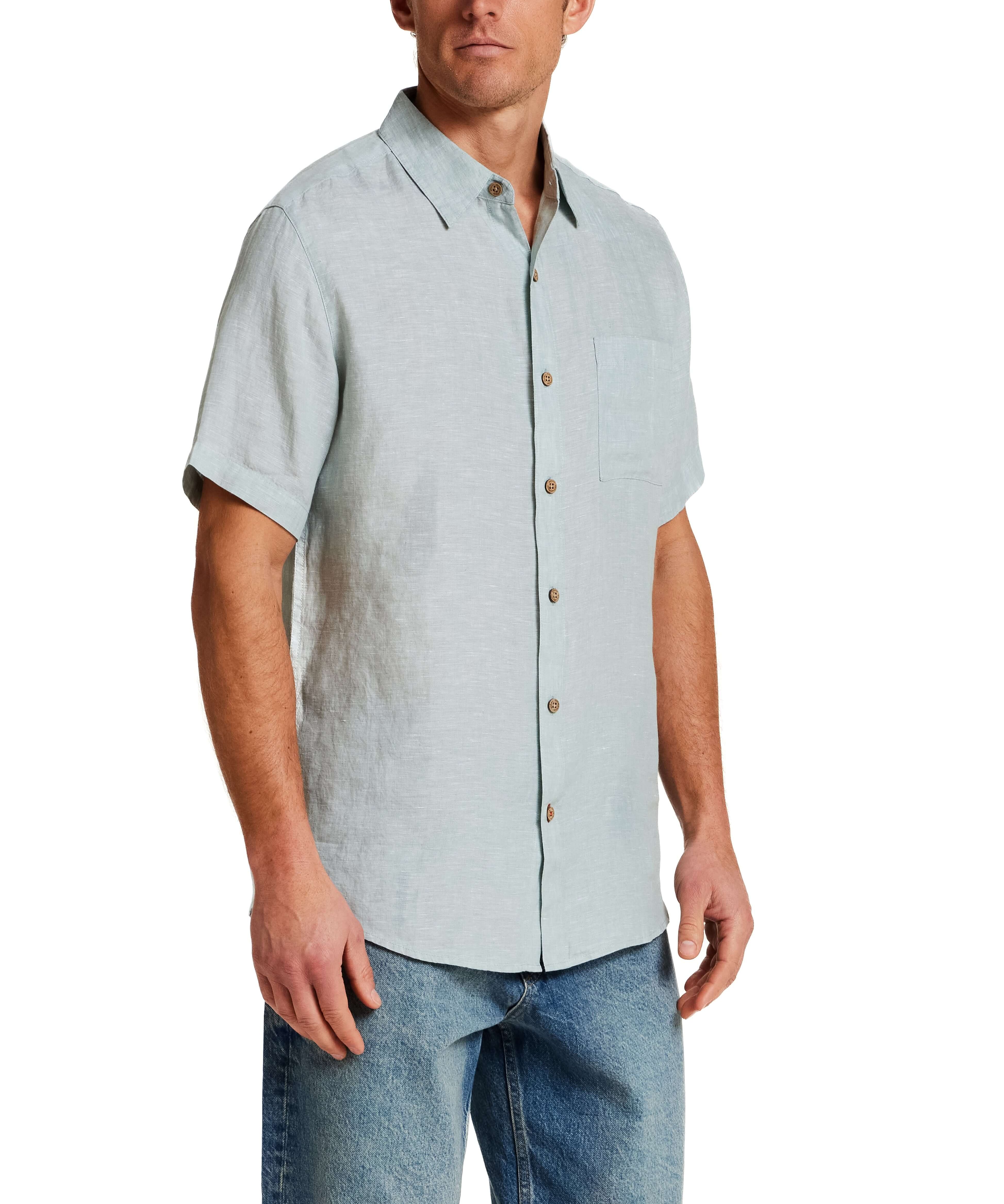 Short Sleeve Linen Shirt in Teal Mist worn by model, showcasing classic fit and chest pocket.
