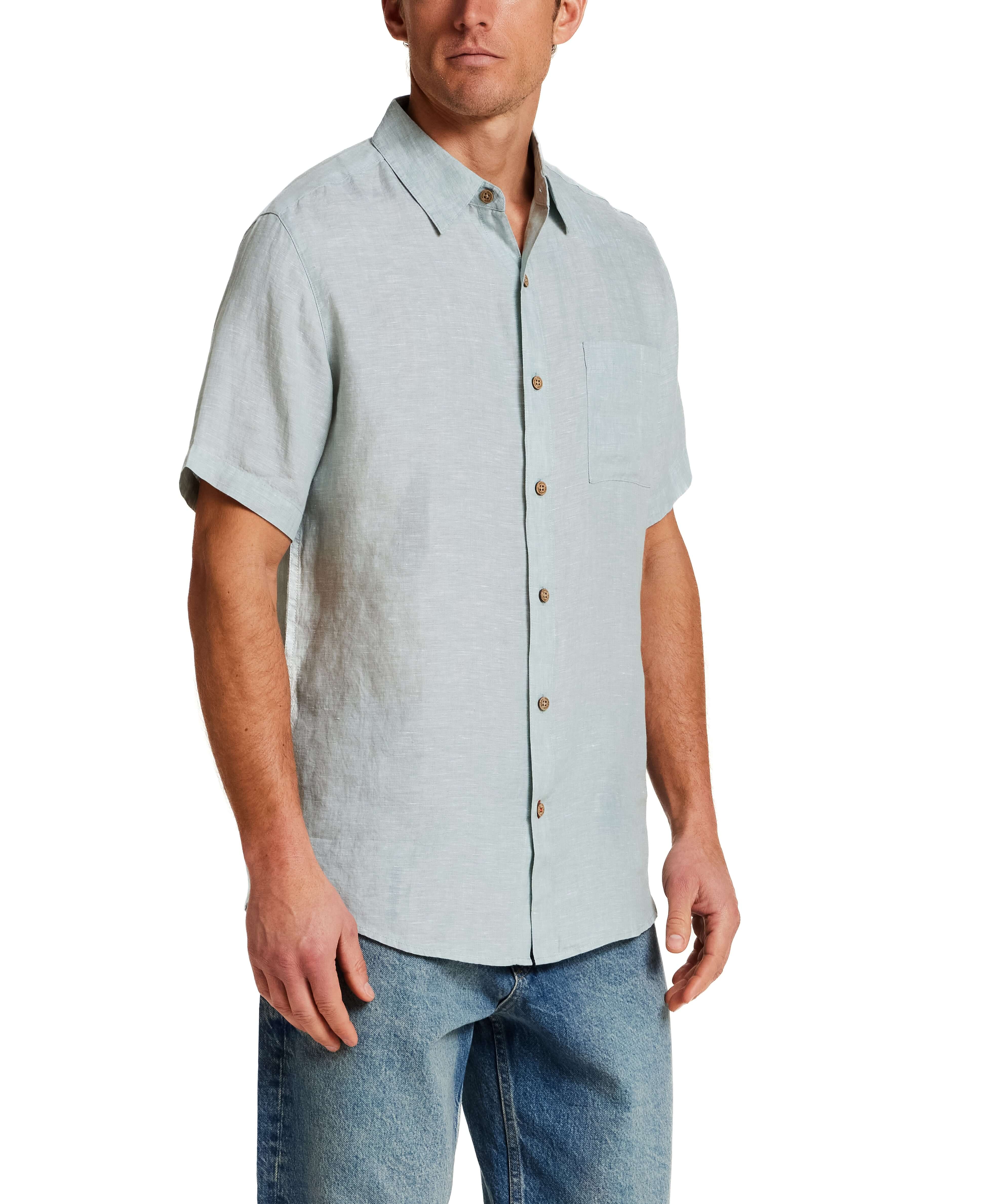 Short Sleeve Linen Shirt in Teal Mist worn by model, showcasing classic fit and chest pocket.