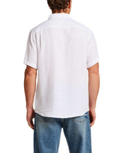 Model wearing the back view of a Short Sleeve Linen Shirt in White, showcasing the linen fabric and standard fit.