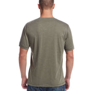 Back view of a man wearing a short sleeve olive melange henley shirt, showcasing its classic fit and rib-knit design.