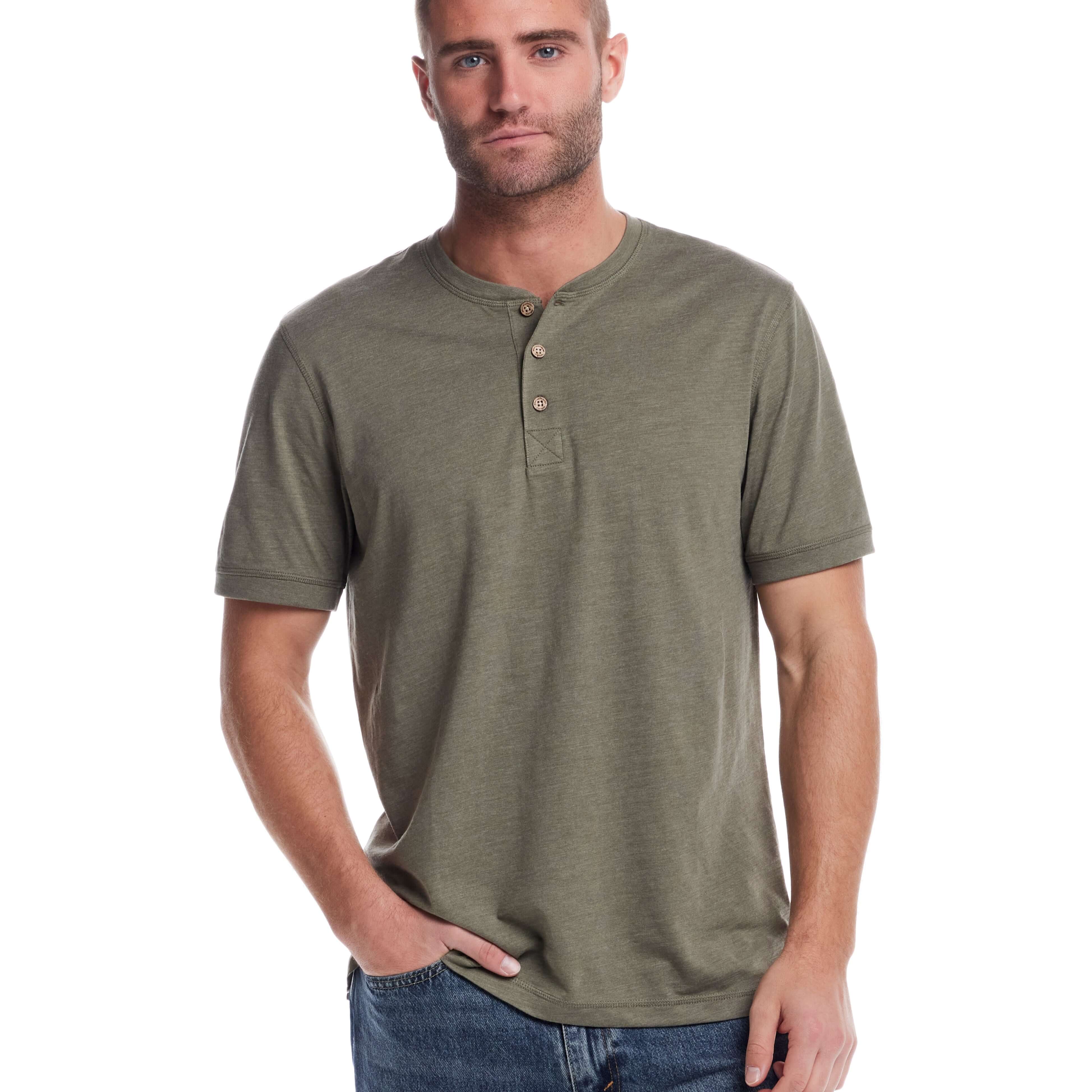 Short sleeve olive melange henley shirt featuring a three-button placket and rib-knit neck, perfect for casual wear.