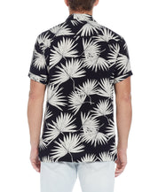 Short Sleeve Rayon Print Camp Collar In Sky Captain - Back view showcasing palm leaf print and camp collar design.
