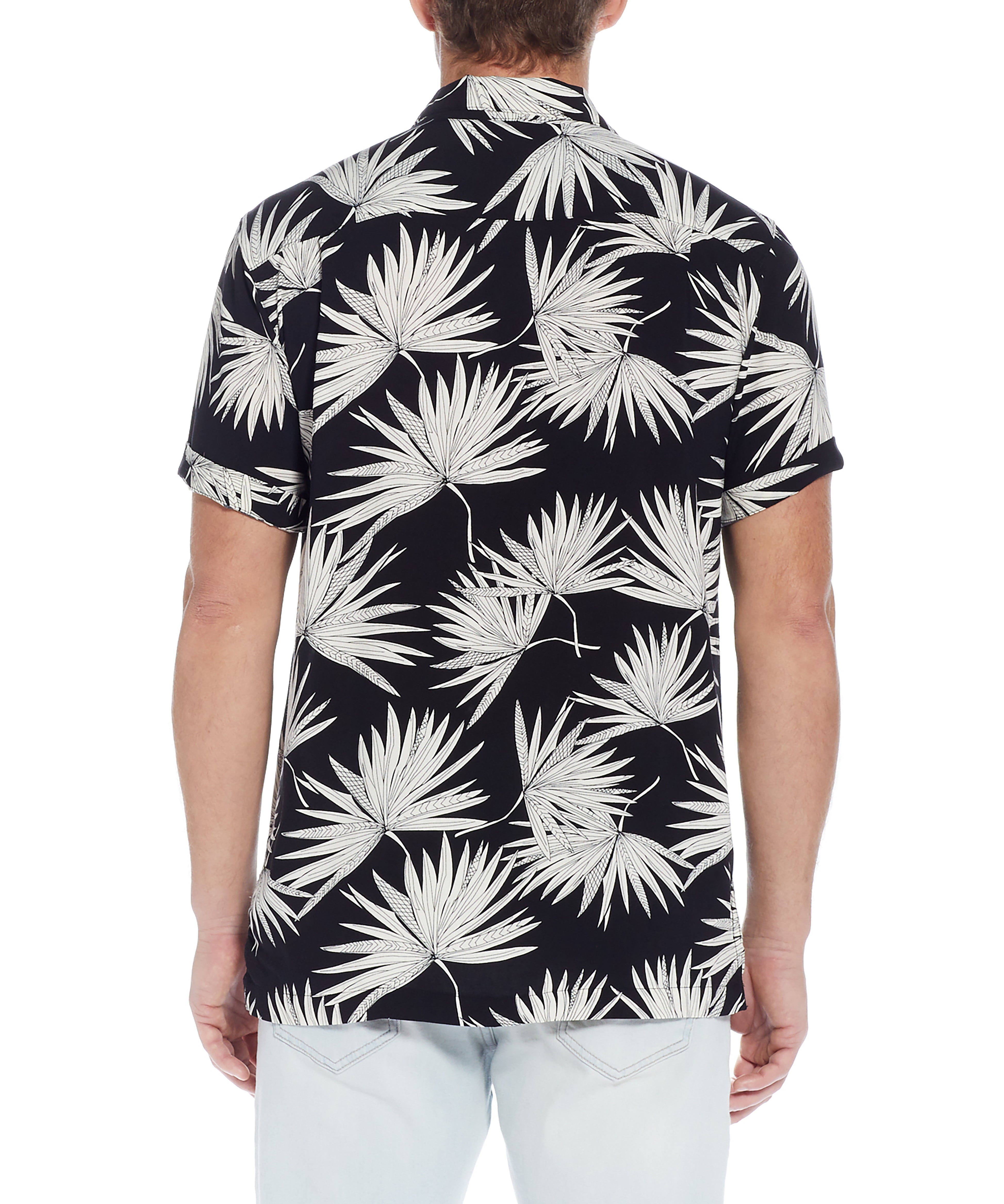 Short Sleeve Rayon Print Camp Collar In Sky Captain - Back view showcasing palm leaf print and camp collar design.