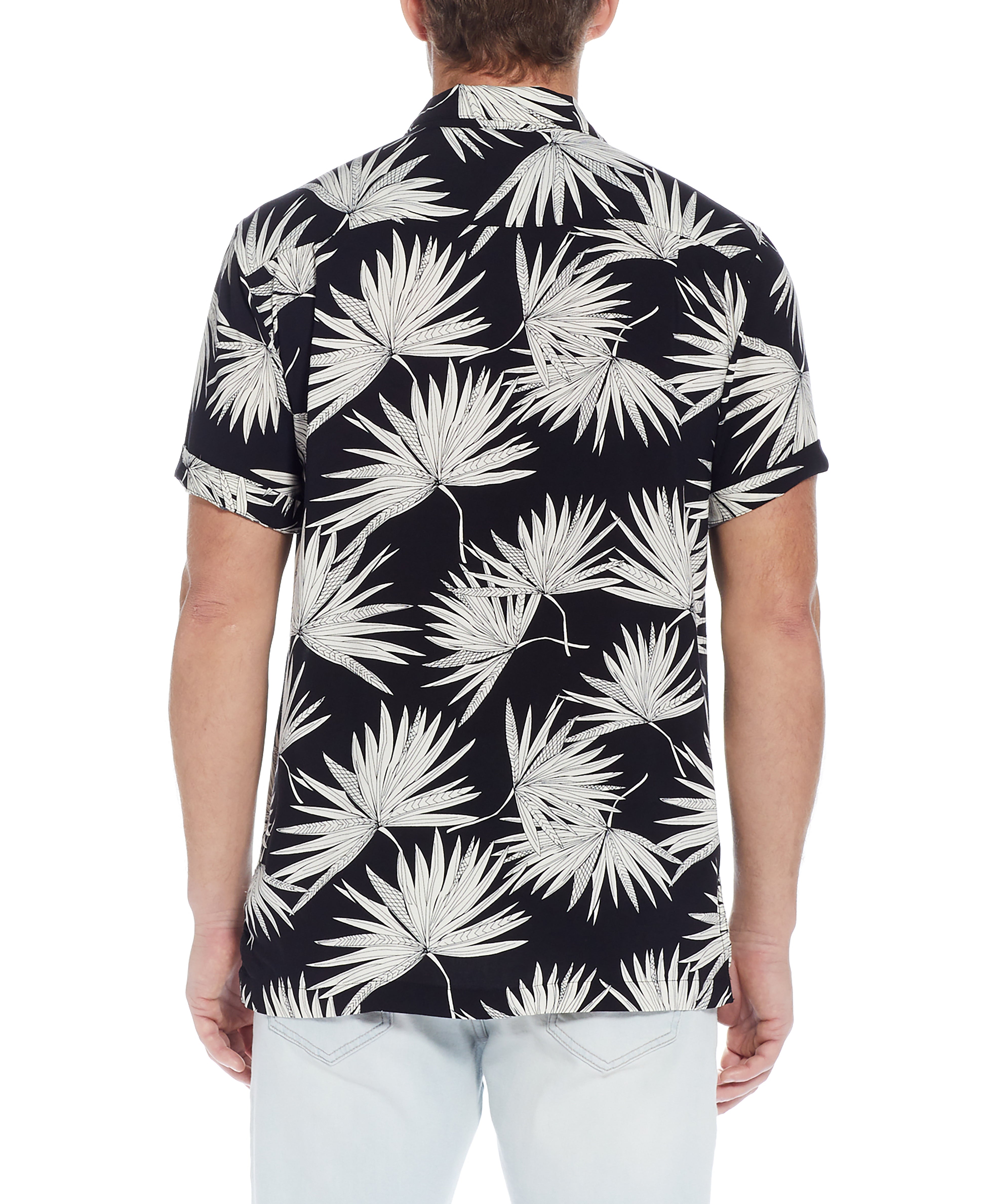 Short Sleeve Rayon Print Camp Collar In Sky Captain - Back view showcasing palm leaf print and camp collar design.