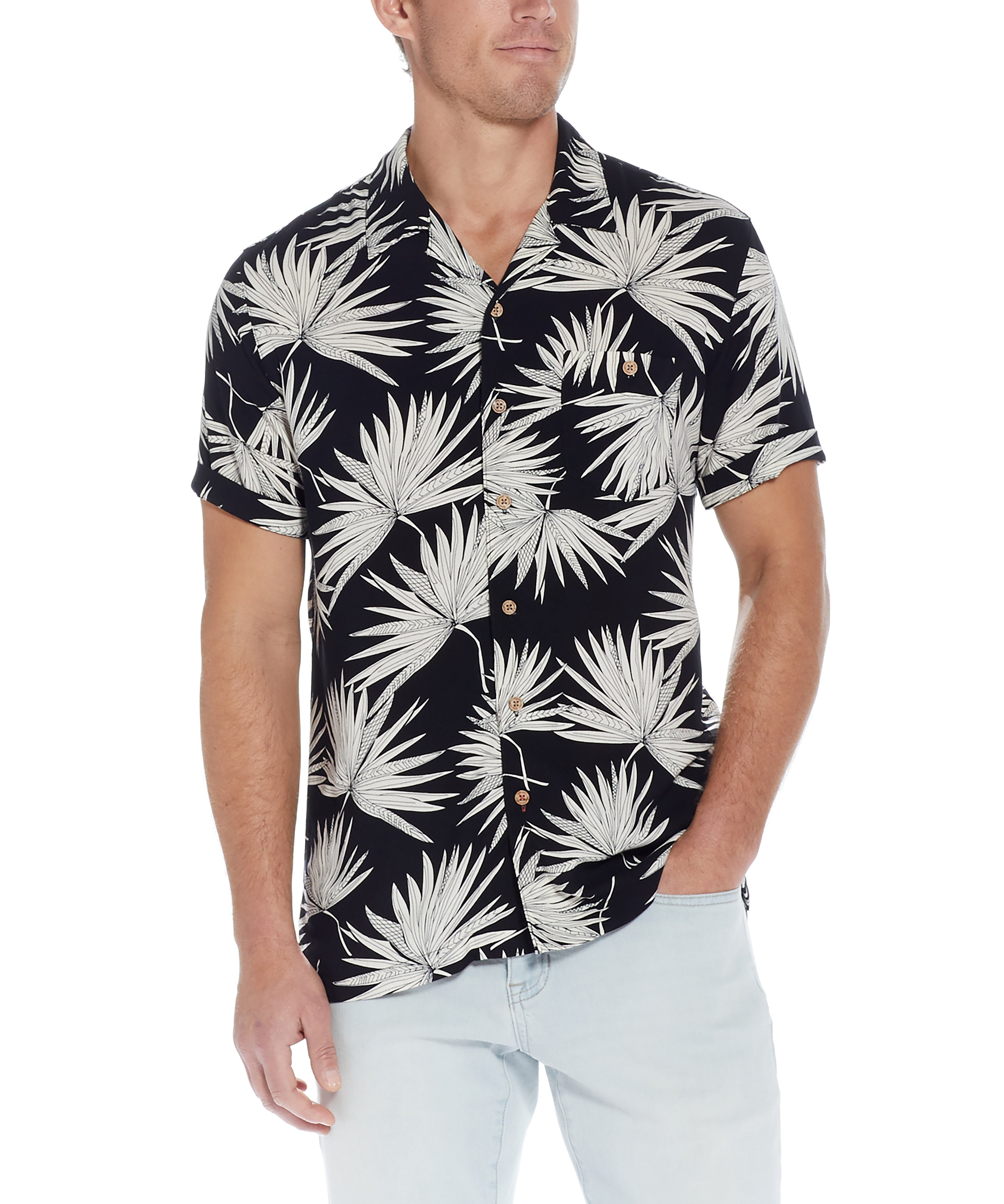 Short Sleeve Rayon Print Camp Collar In Sky Captain shirt with palm leaf print, soft fabric, and short sleeves.