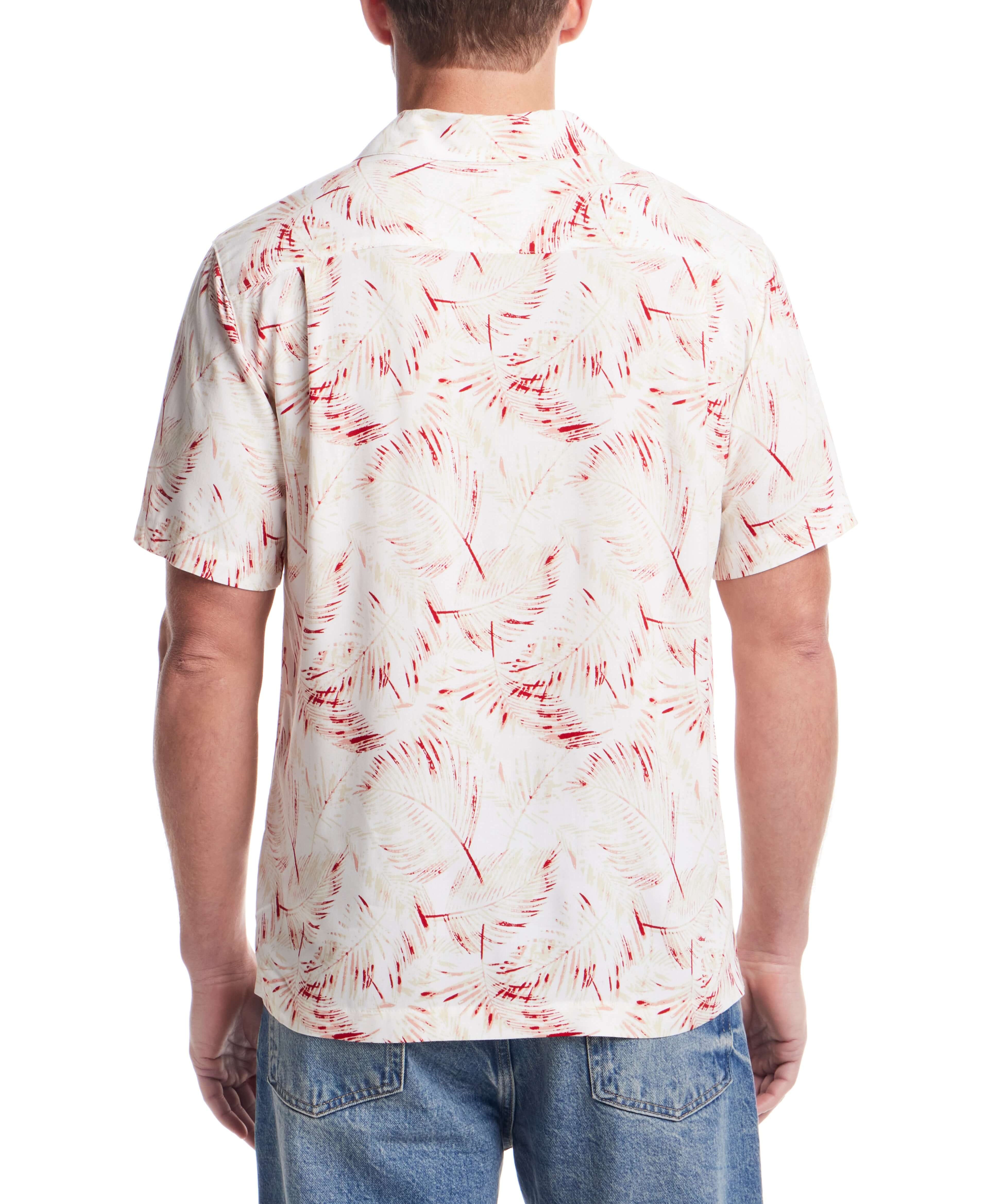 Back view of a short sleeve rayon printed camp shirt in dusty pink with a retro pattern and relaxed fit.