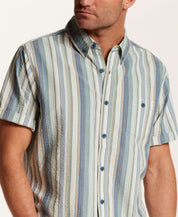 Short Sleeve Seersucker Stripe in Green Slate, lightweight cotton shirt with vertical stripes and button-down collar.