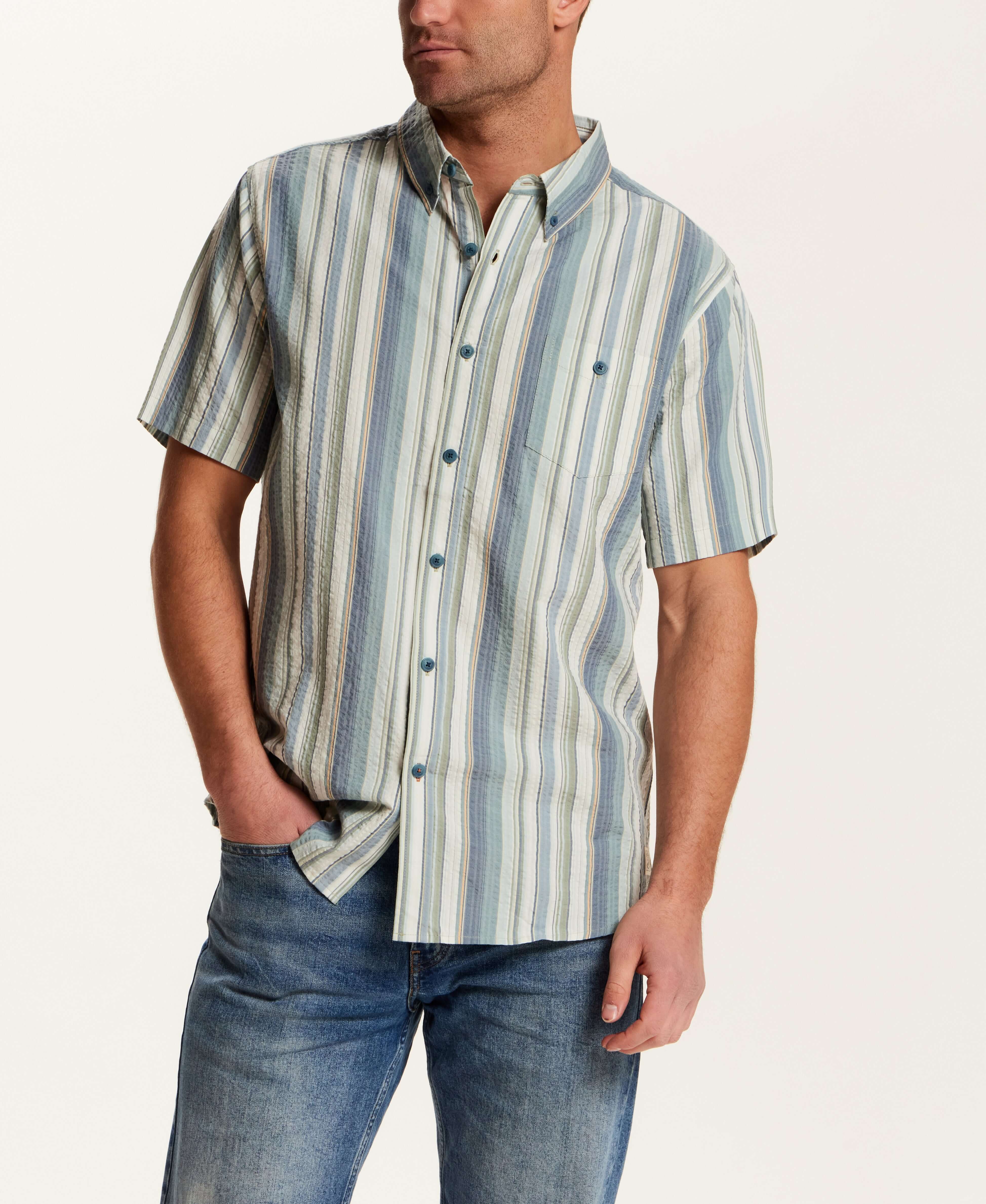 Short Sleeve Seersucker Stripe in Green Slate, lightweight cotton shirt with vertical stripes and button-down collar.