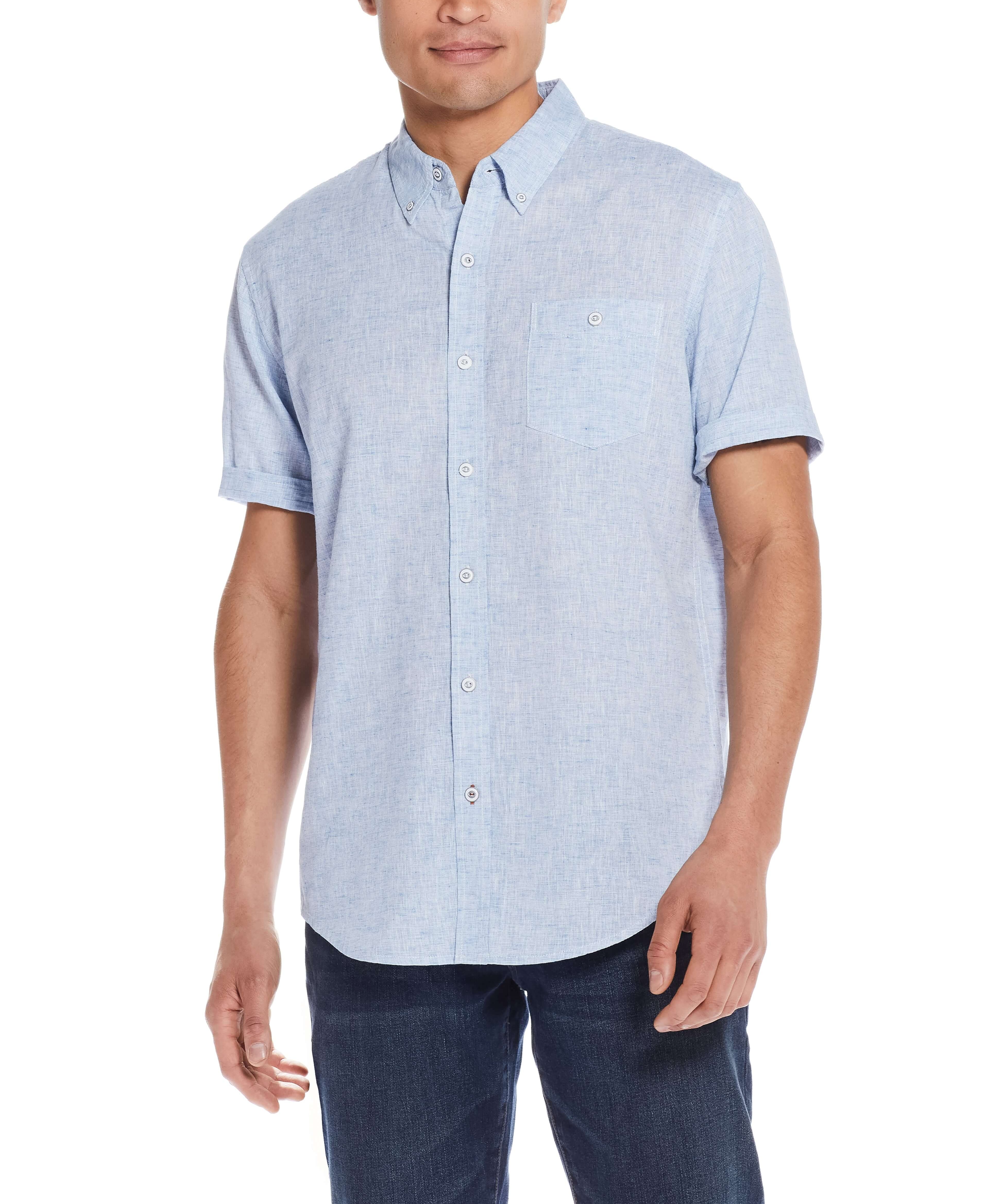 Short Sleeve Solid Linen Cotton Shirt in Cendre Blue worn by a man, featuring button details and a casual fit.