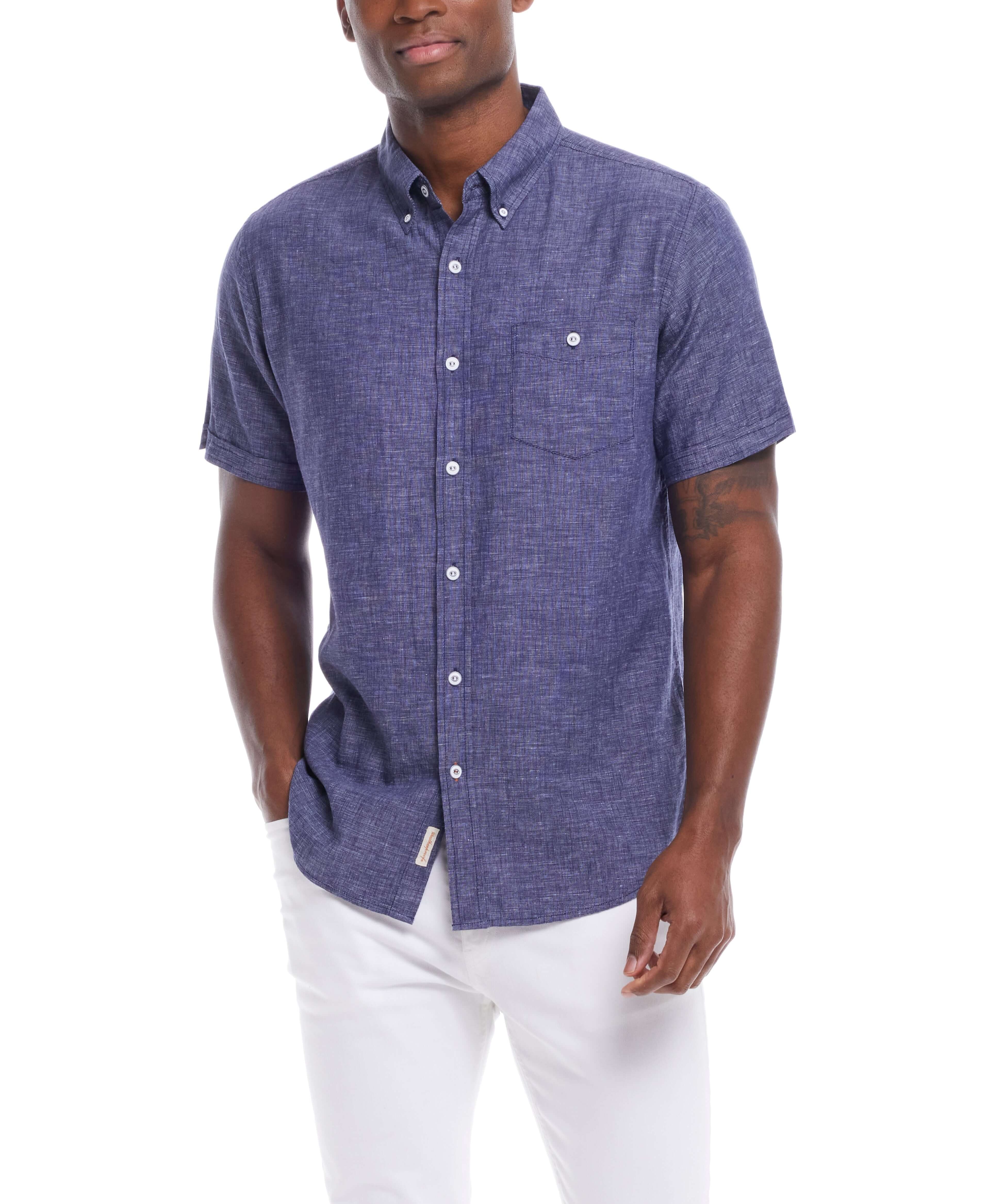 Short sleeve solid linen cotton shirt in Naval Academy color, styled for a relaxed look with clean comfort fit.