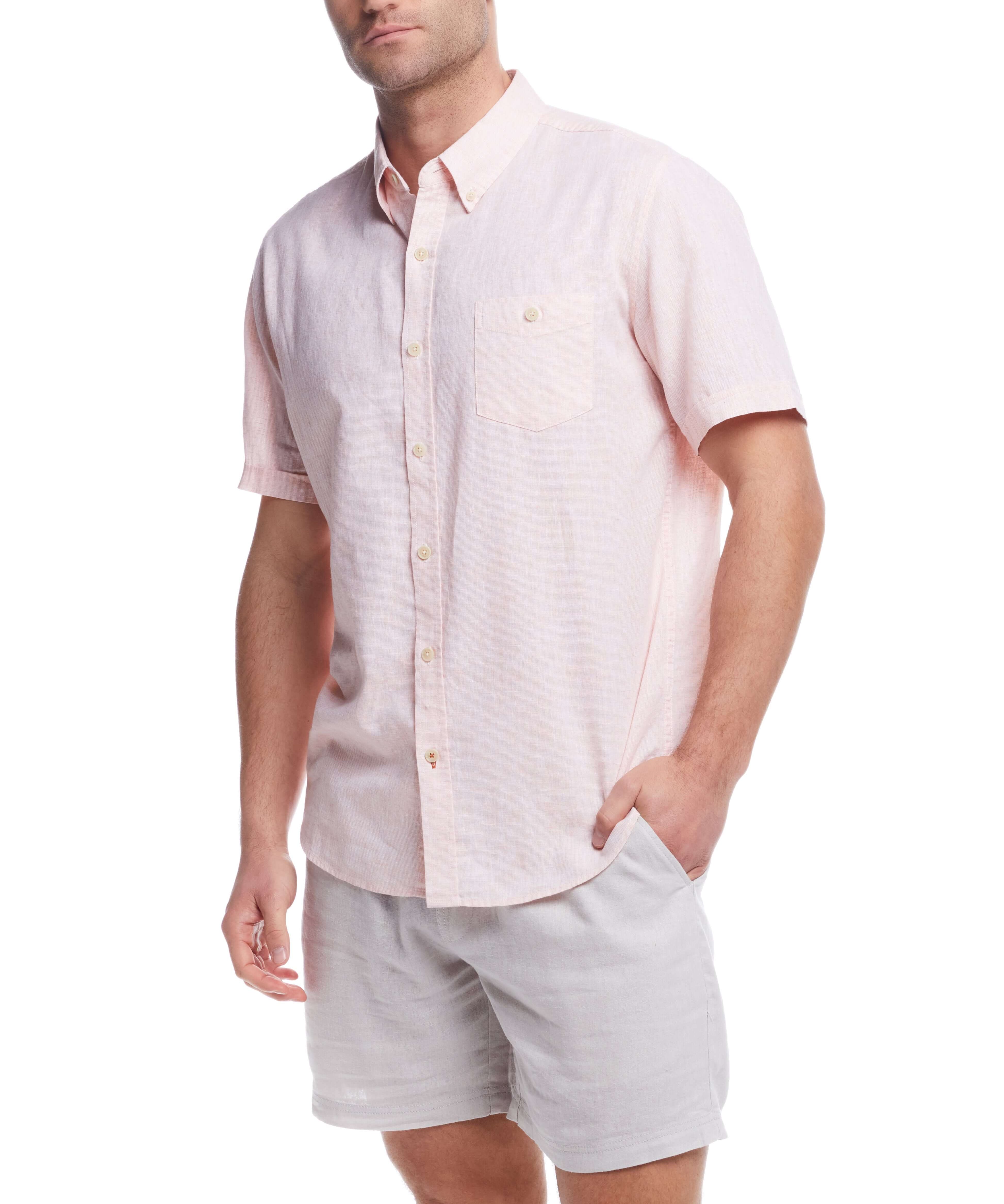 Men's short sleeve linen cotton shirt in light tangerine, perfect for laidback summer styling.