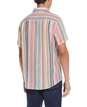 Back view of Short Sleeve Stripe Linen Cotton Shirt In Peach Echo featuring vibrant multi-color stripes and short sleeves.