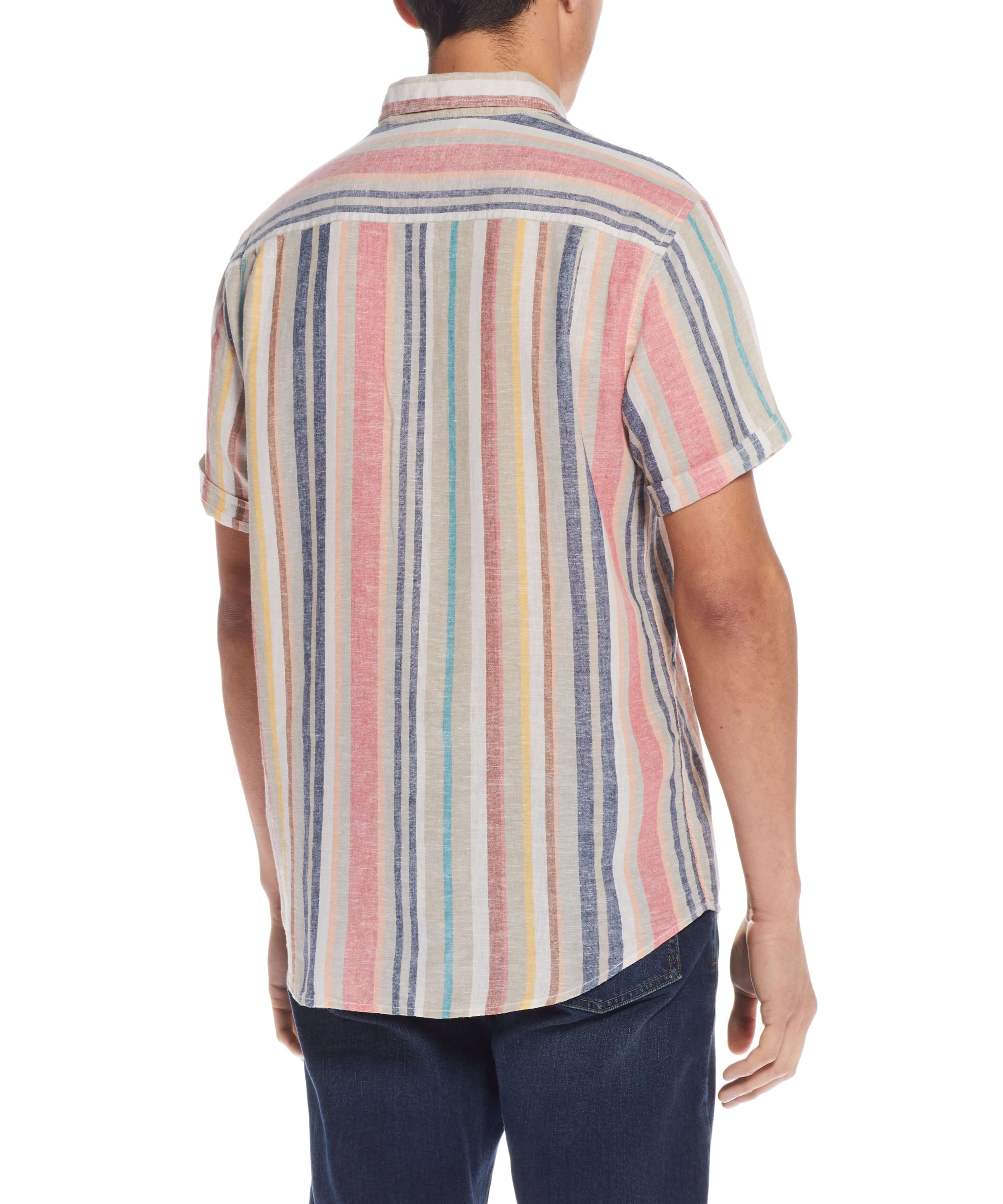 Back view of Short Sleeve Stripe Linen Cotton Shirt In Peach Echo featuring vibrant multi-color stripes and short sleeves.