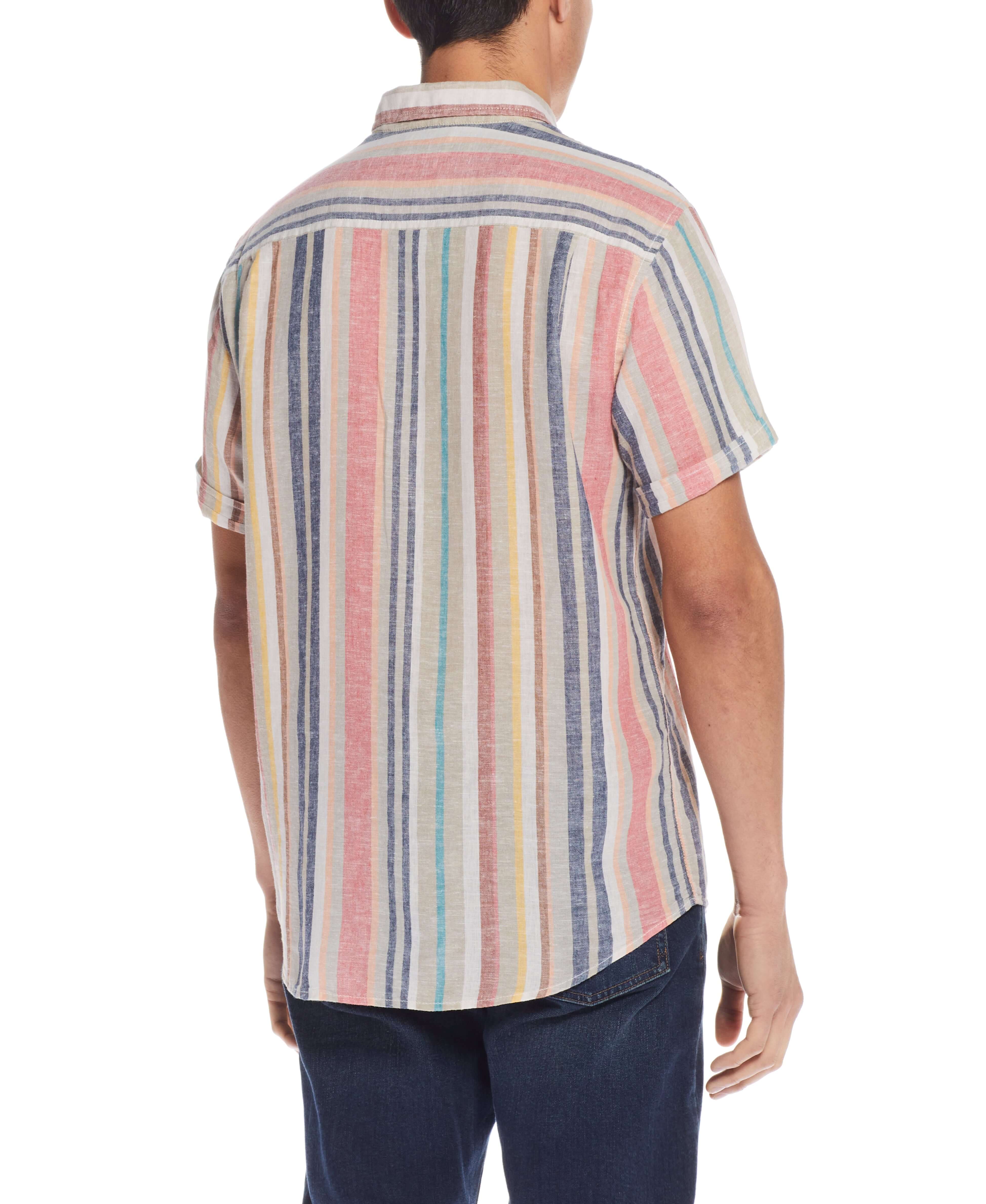 Back view of Short Sleeve Stripe Linen Cotton Shirt In Peach Echo featuring vibrant multi-color stripes and short sleeves.