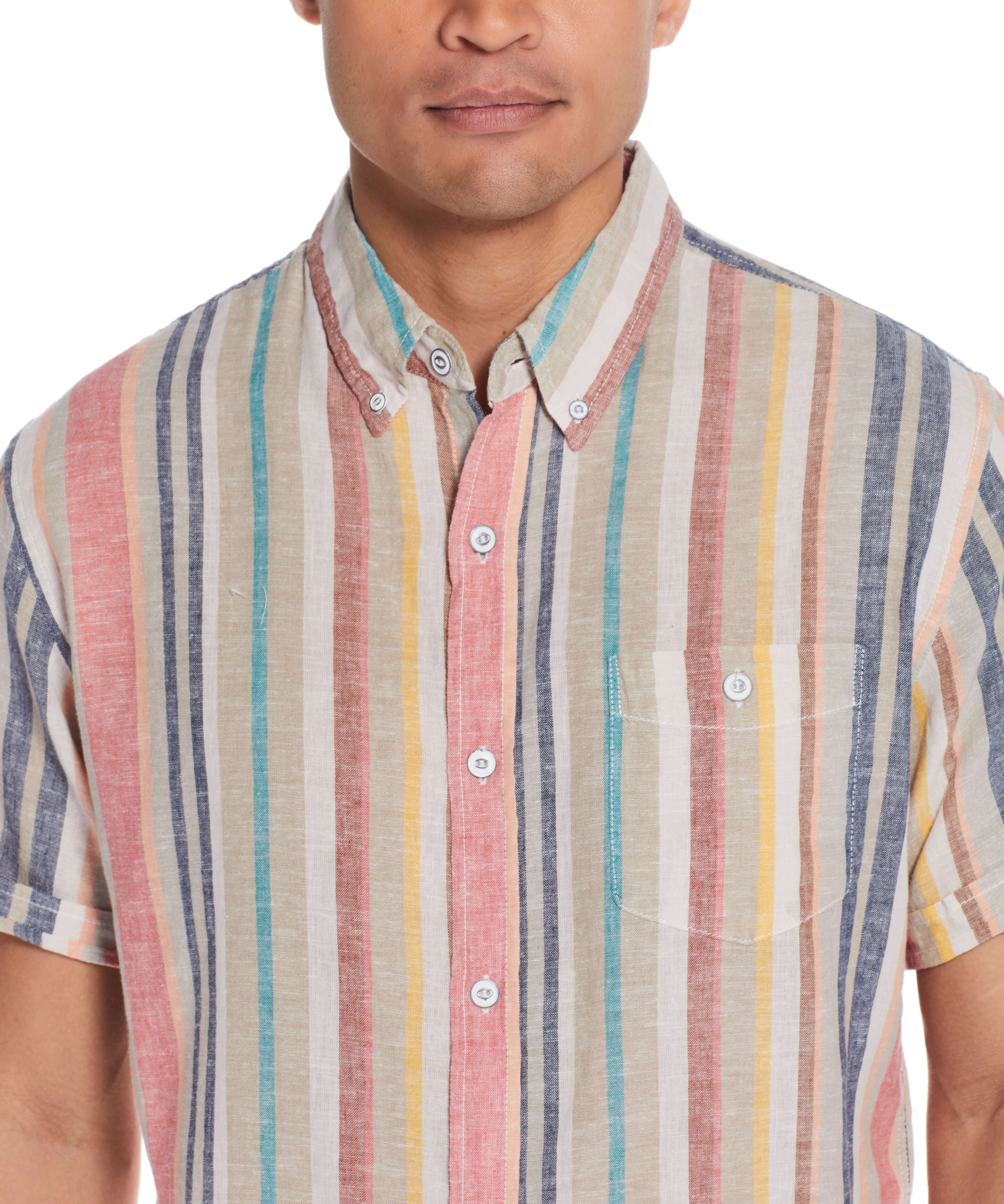 Short Sleeve Stripe Linen Cotton Shirt In Peach Echo displayed on a model, showcasing its relaxed fit and stylish stripe design.