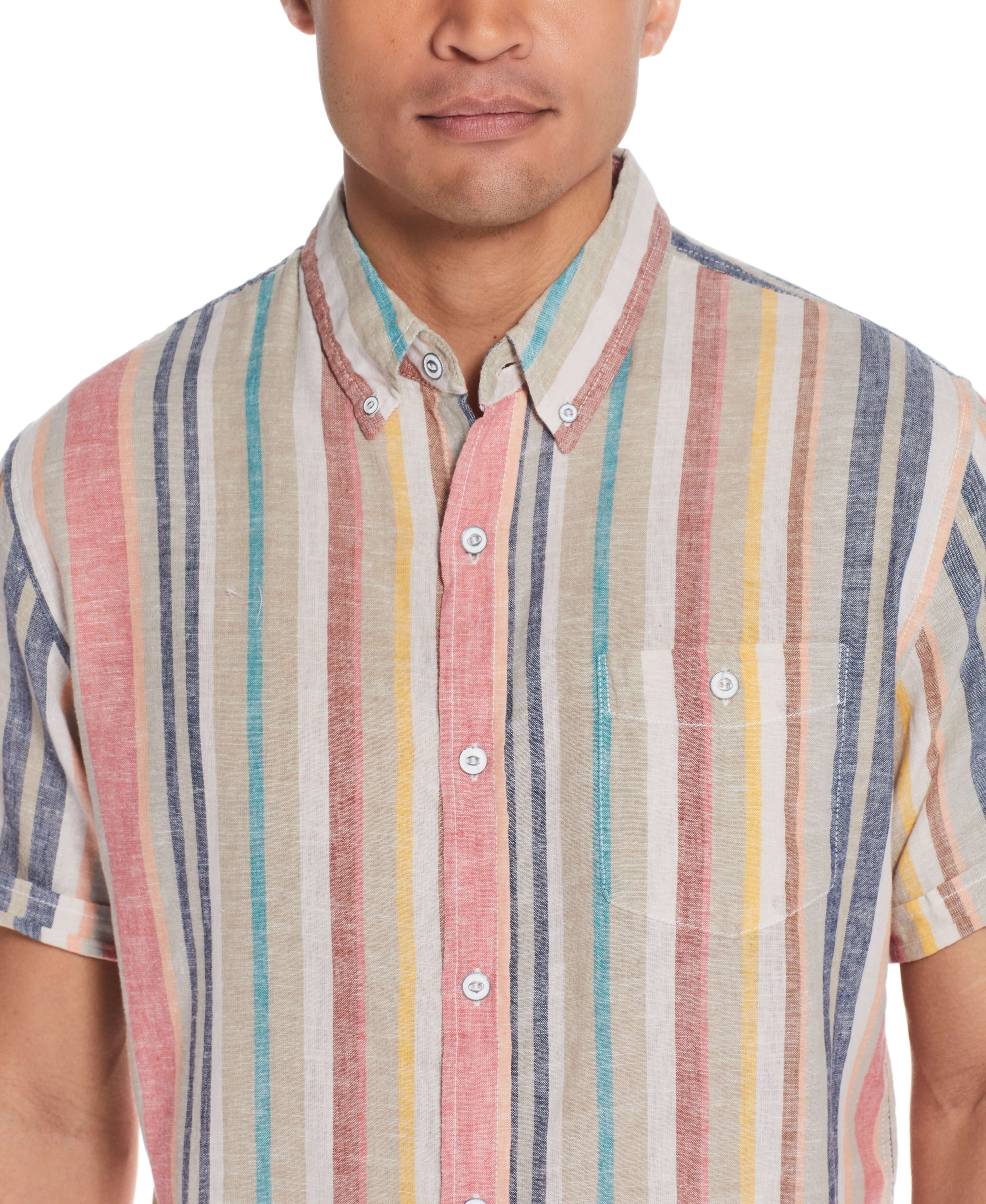 Short Sleeve Stripe Linen Cotton Shirt In Peach Echo displayed on a model, showcasing its relaxed fit and stylish stripe design.