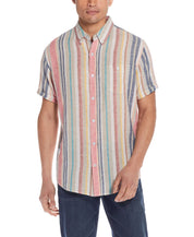 Short Sleeve Stripe Linen Cotton Shirt In Peach Echo modeled by man with short sleeves, relaxed fit, colorful stripes.