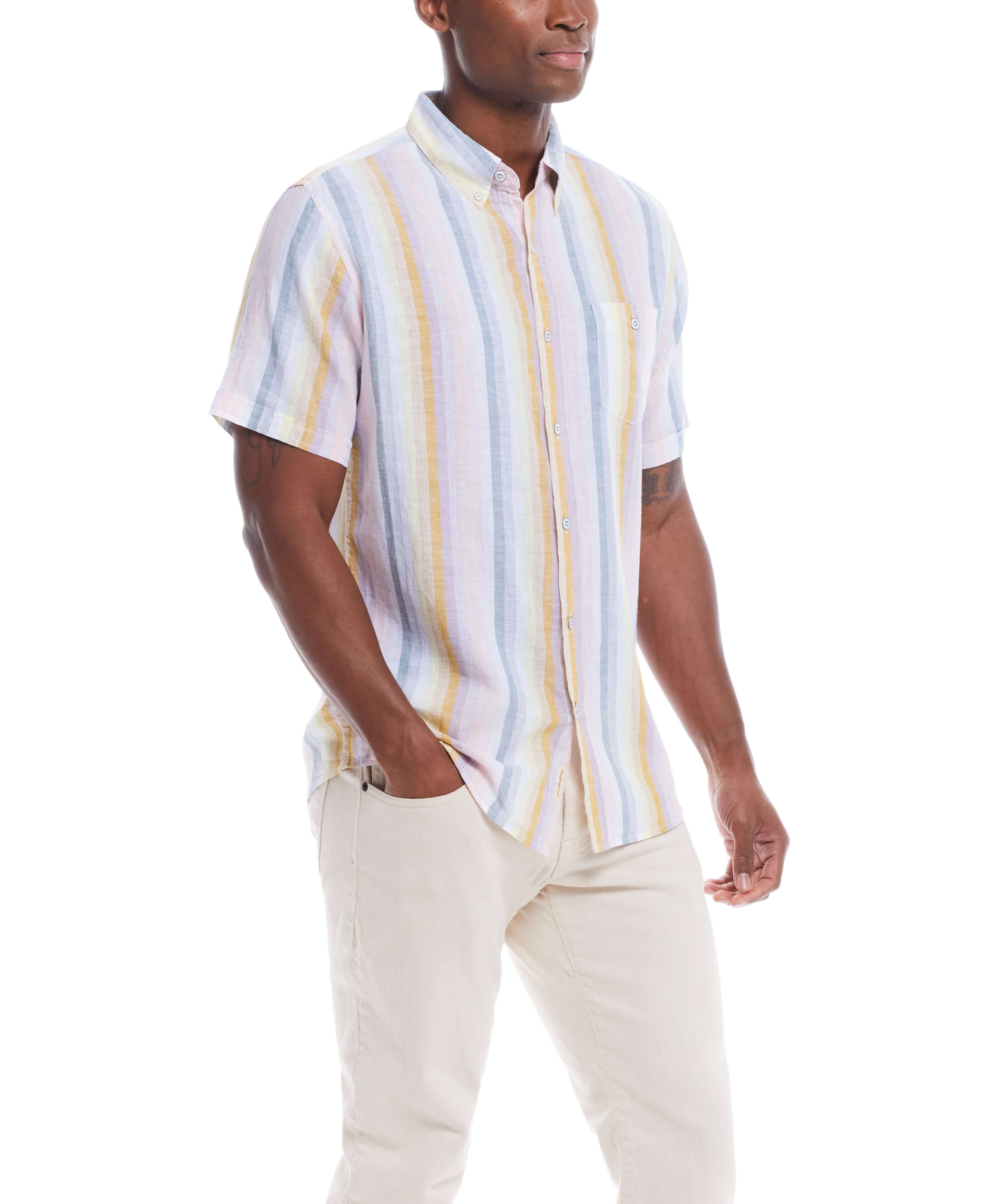 Short Sleeve Stripe Linen Cotton Shirt In Rose modeled by a man in a relaxed fit, featuring stripes and short sleeves.