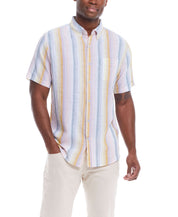 Short Sleeve Stripe Linen Cotton Shirt In Rose modeled by a man, showcasing a relaxed fit and trendy stripes.