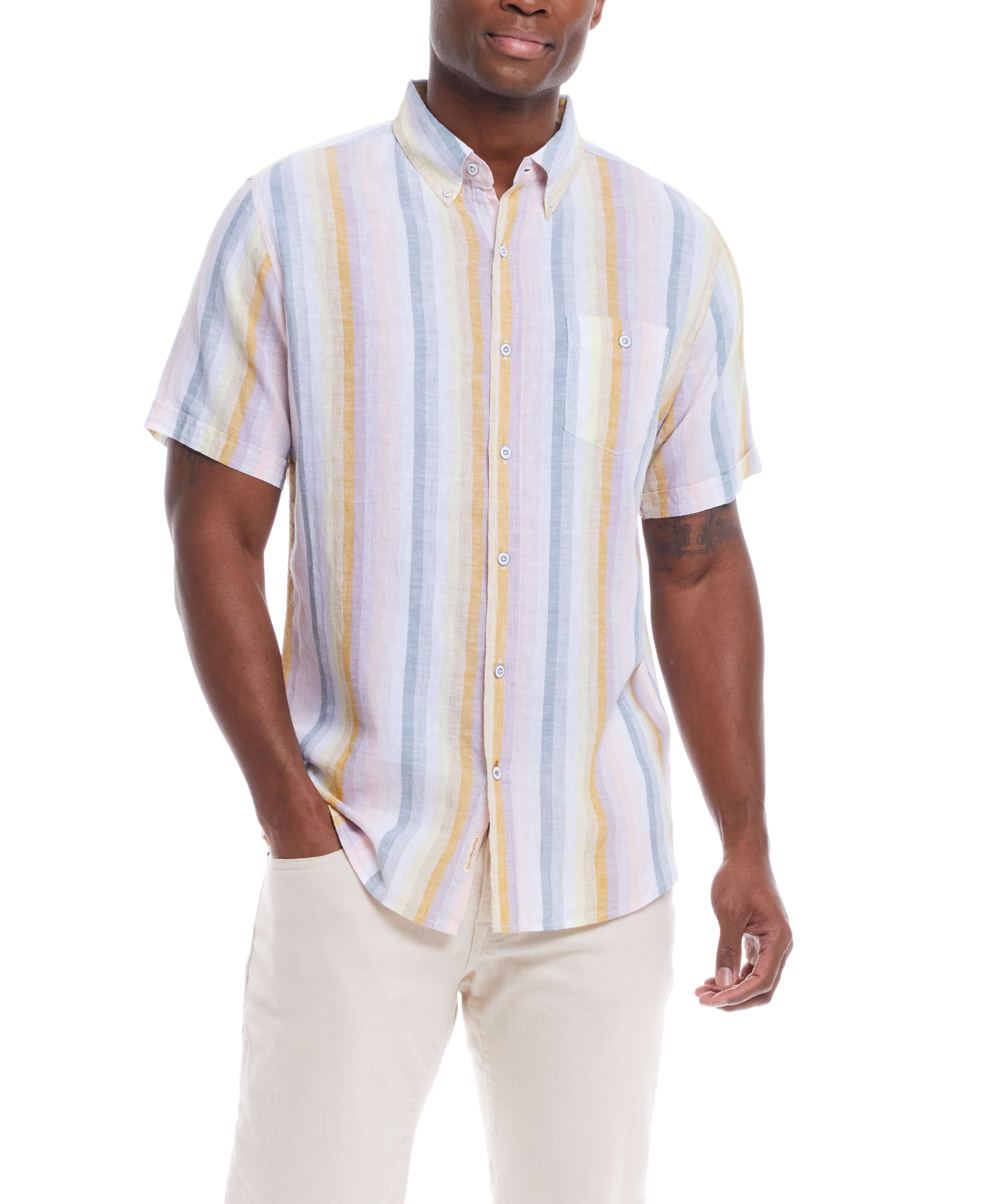 Short Sleeve Stripe Linen Cotton Shirt In Rose modeled by a man, showcasing a relaxed fit and trendy stripes.
