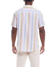 Back view of Short Sleeve Stripe Linen Cotton Shirt In Rose showcasing colorful stripes and relaxed fit.