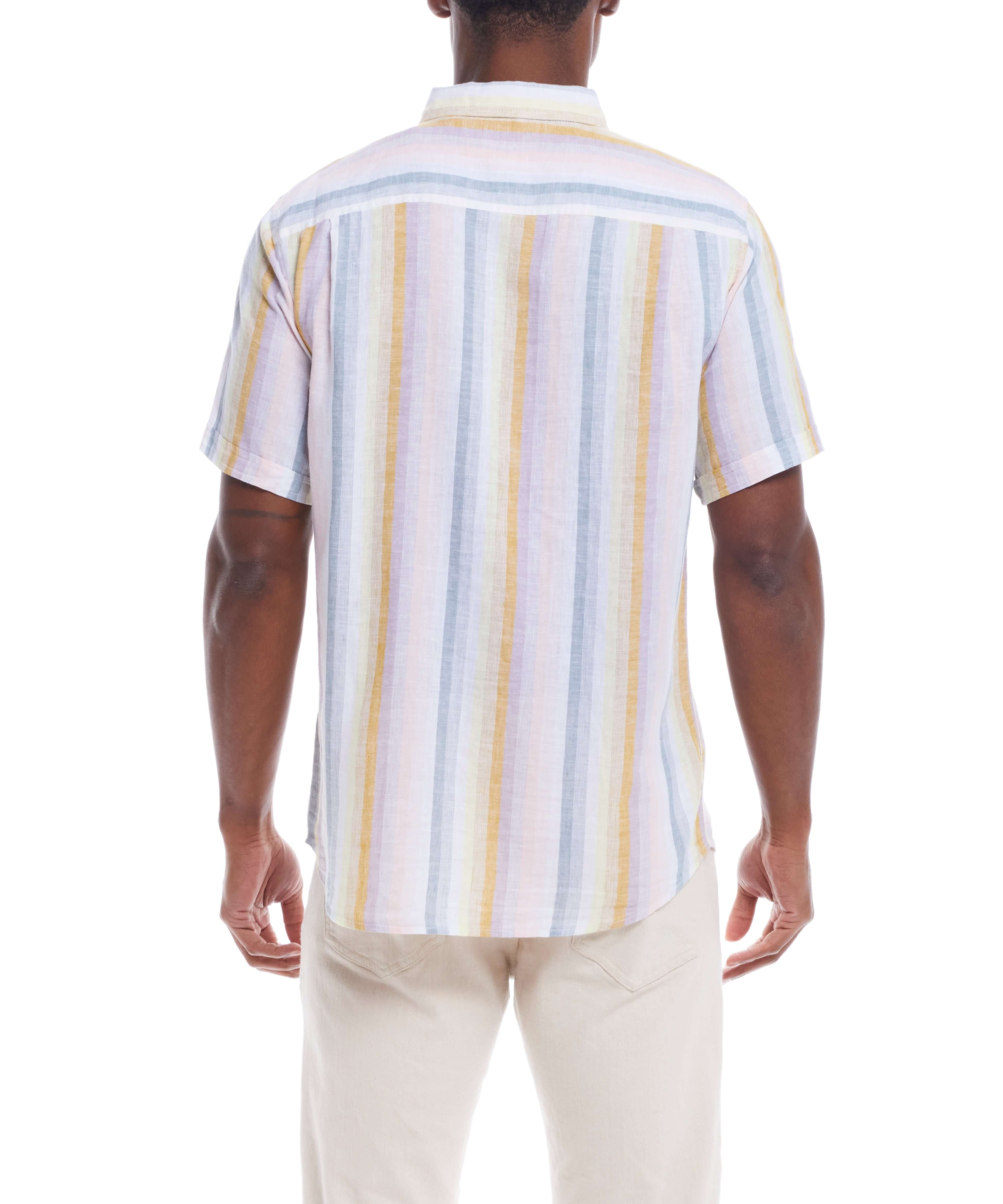 Back view of Short Sleeve Stripe Linen Cotton Shirt In Rose showcasing colorful stripes and relaxed fit.