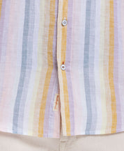 Short Sleeve Stripe Linen Cotton Shirt In Rose featuring multi-colored stripes and a button-down front.