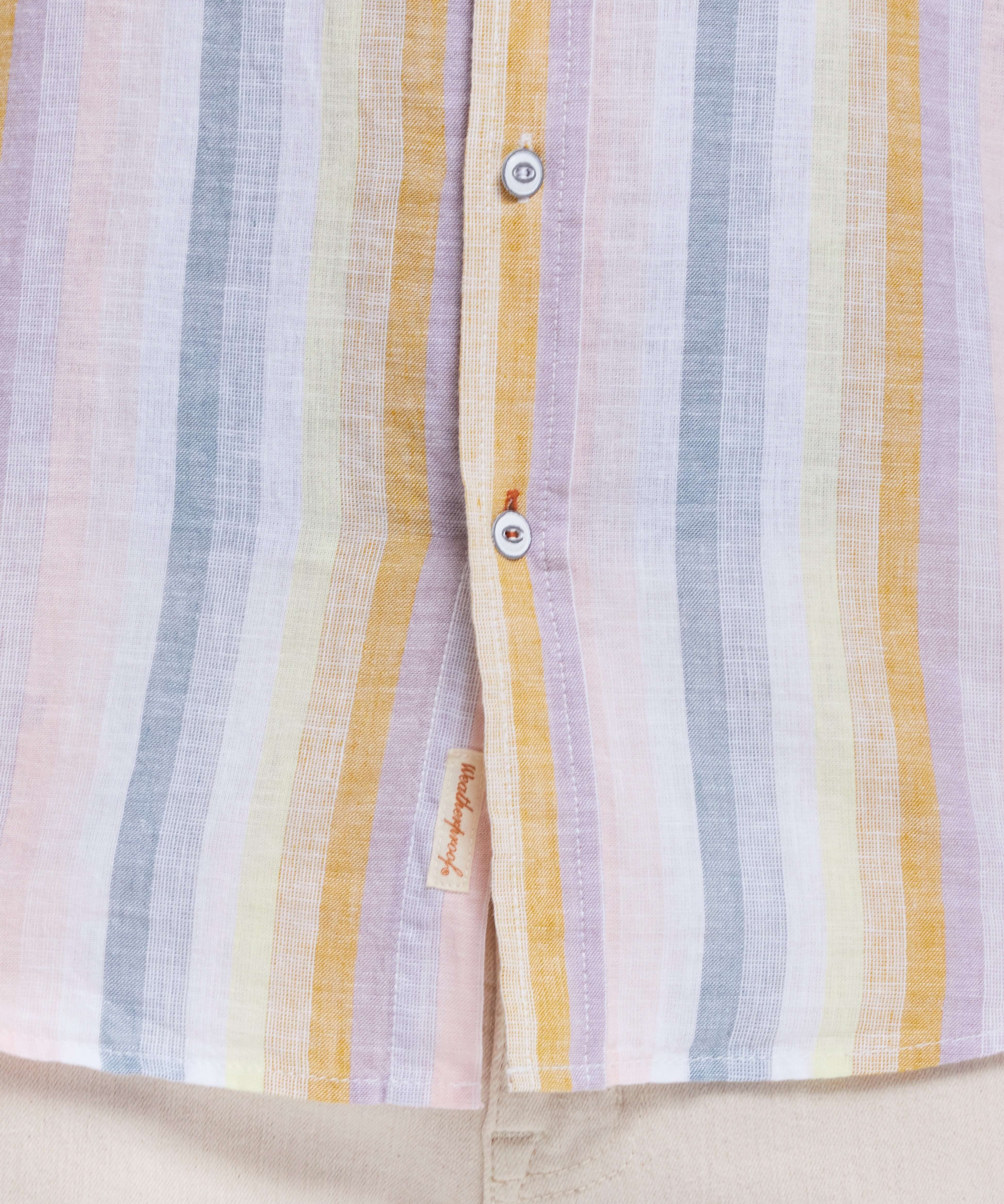 Short Sleeve Stripe Linen Cotton Shirt In Rose featuring multi-colored stripes and a button-down front.