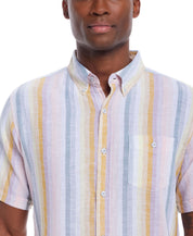 Short Sleeve Stripe Linen Cotton Shirt In Rose features a man wearing a relaxed fit button-down shirt with stripes.