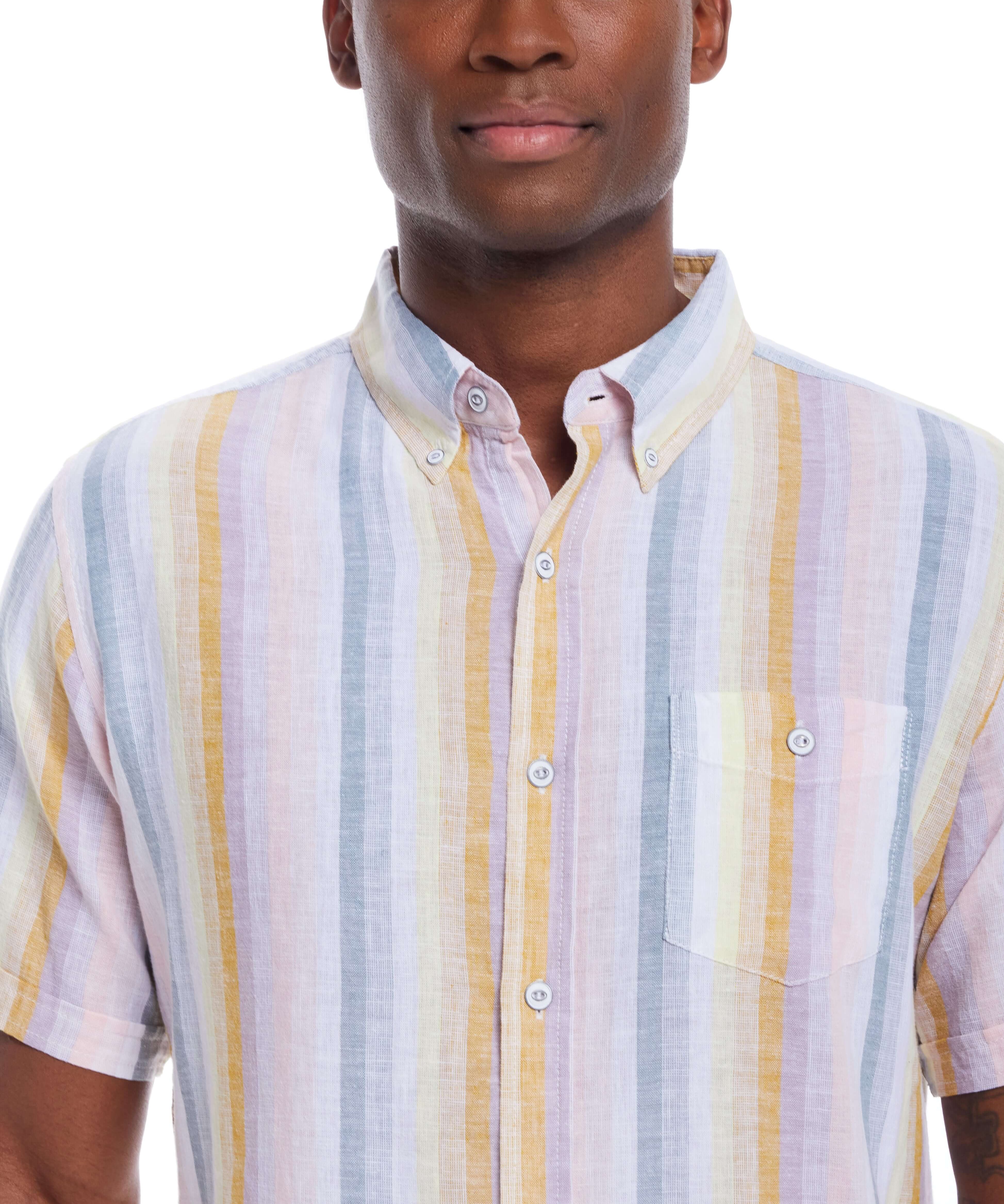Short Sleeve Stripe Linen Cotton Shirt In Rose features a man wearing a relaxed fit button-down shirt with stripes.