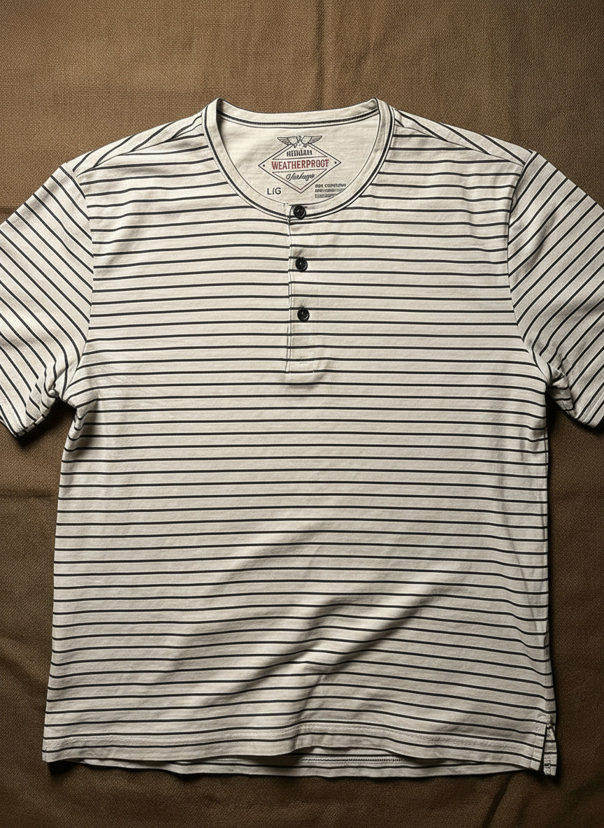 Short Sleeve Striped Henley in Stone Grey