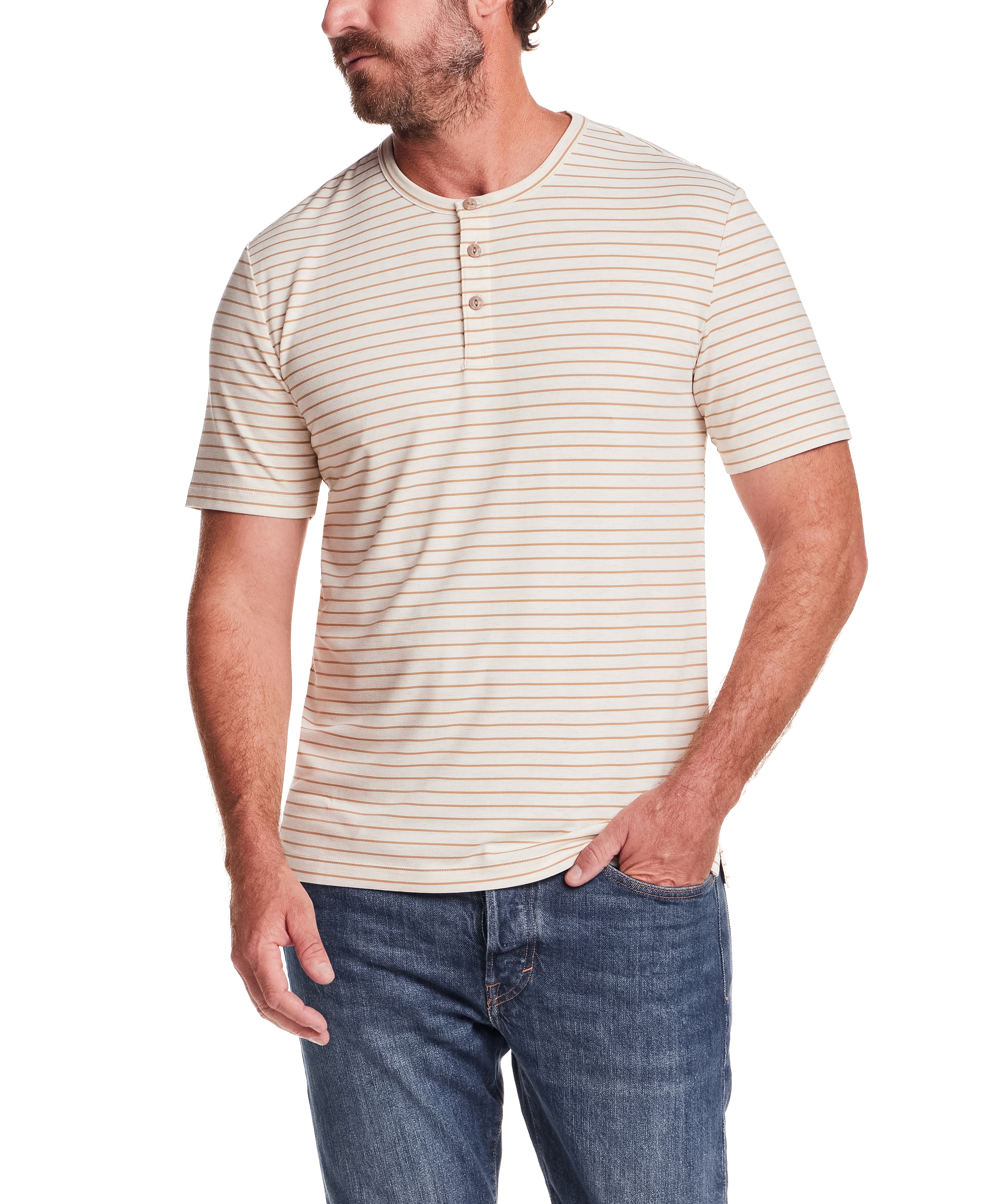 Short Sleeve Striped Henley in Tan
