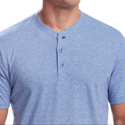 Short Sleeve Sueded Microstripe Henley In Light Blue featuring a 3-button placket and ribbed collar in soft brushed jersey.