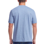 Back view of a man wearing a Short Sleeve Sueded Microstripe Henley In Light Blue.