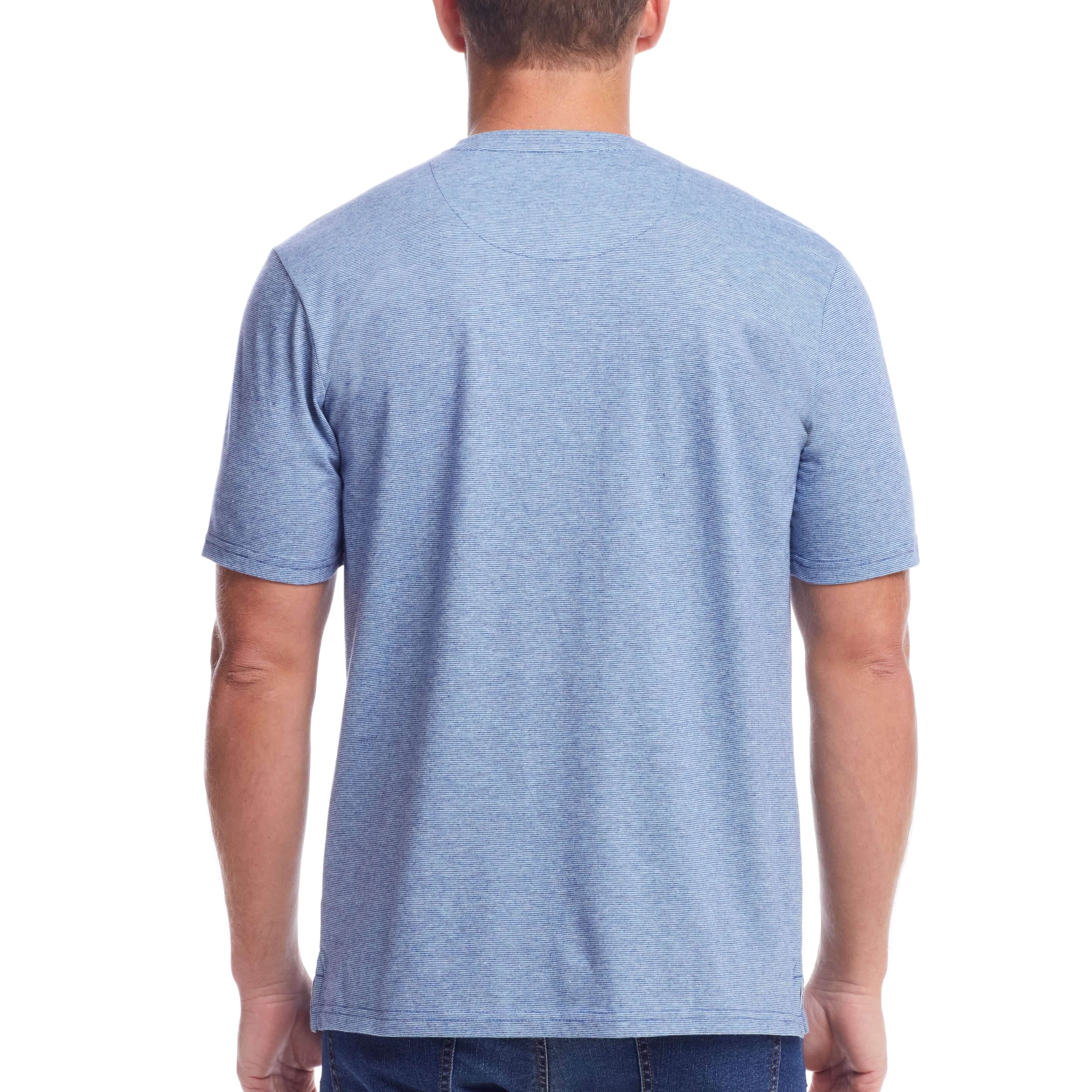 Back view of a man wearing a Short Sleeve Sueded Microstripe Henley In Light Blue.