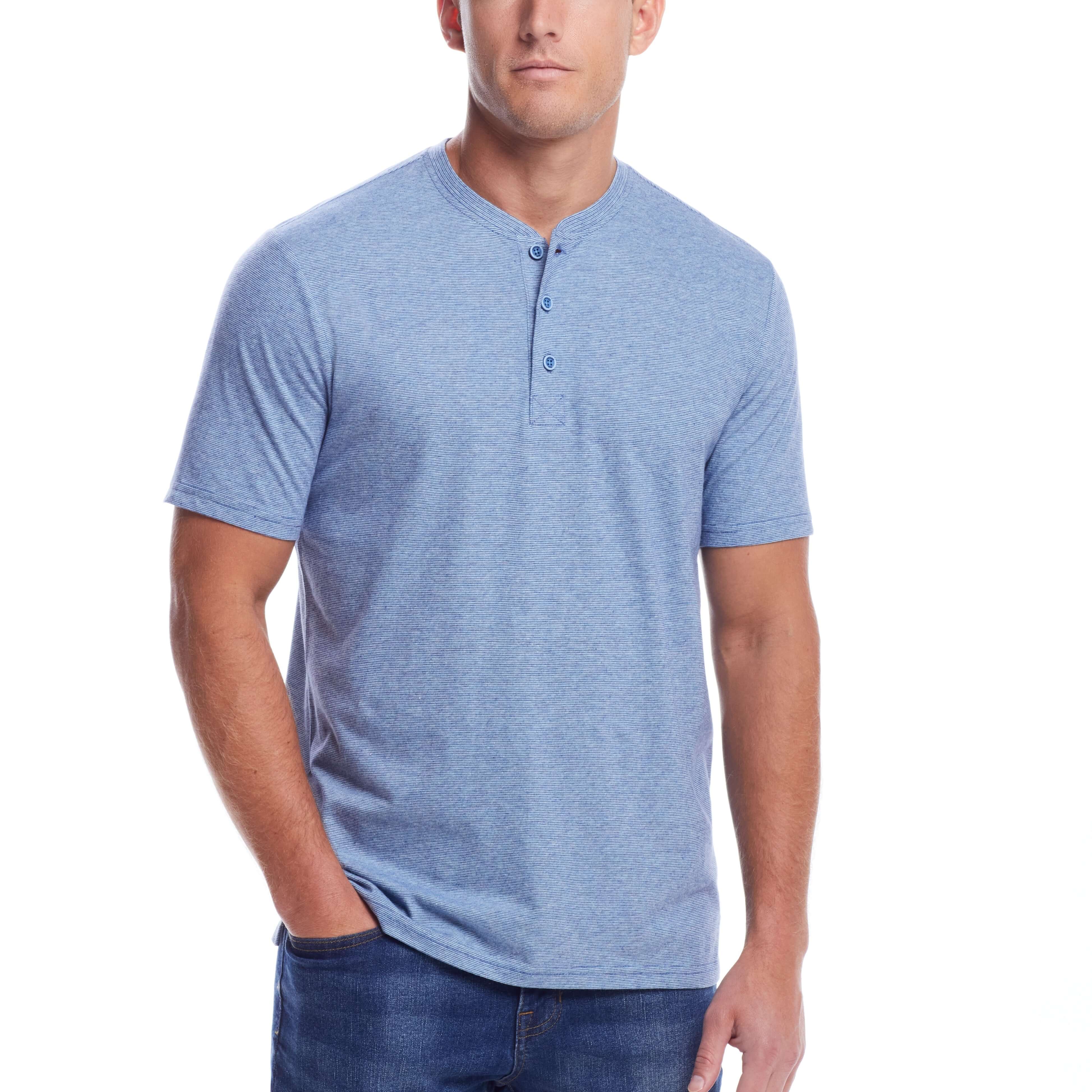 Short Sleeve Sueded Microstripe Henley In Light Blue worn by a model showing its classic fit and soft touch fabric.