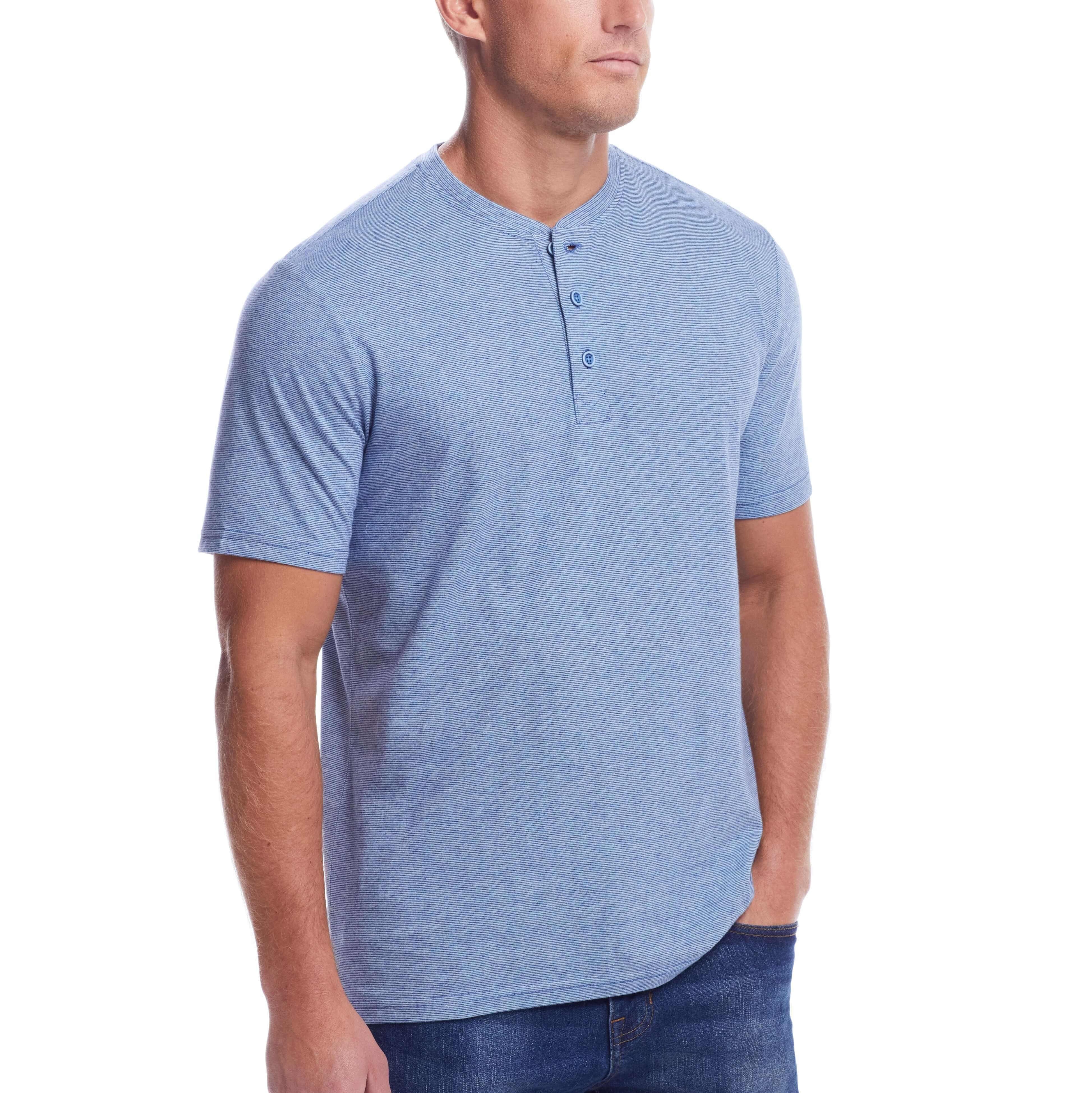 Short Sleeve Sueded Microstripe Henley In Light Blue model wearing the shirt with a relaxed fit and ribbed collar.