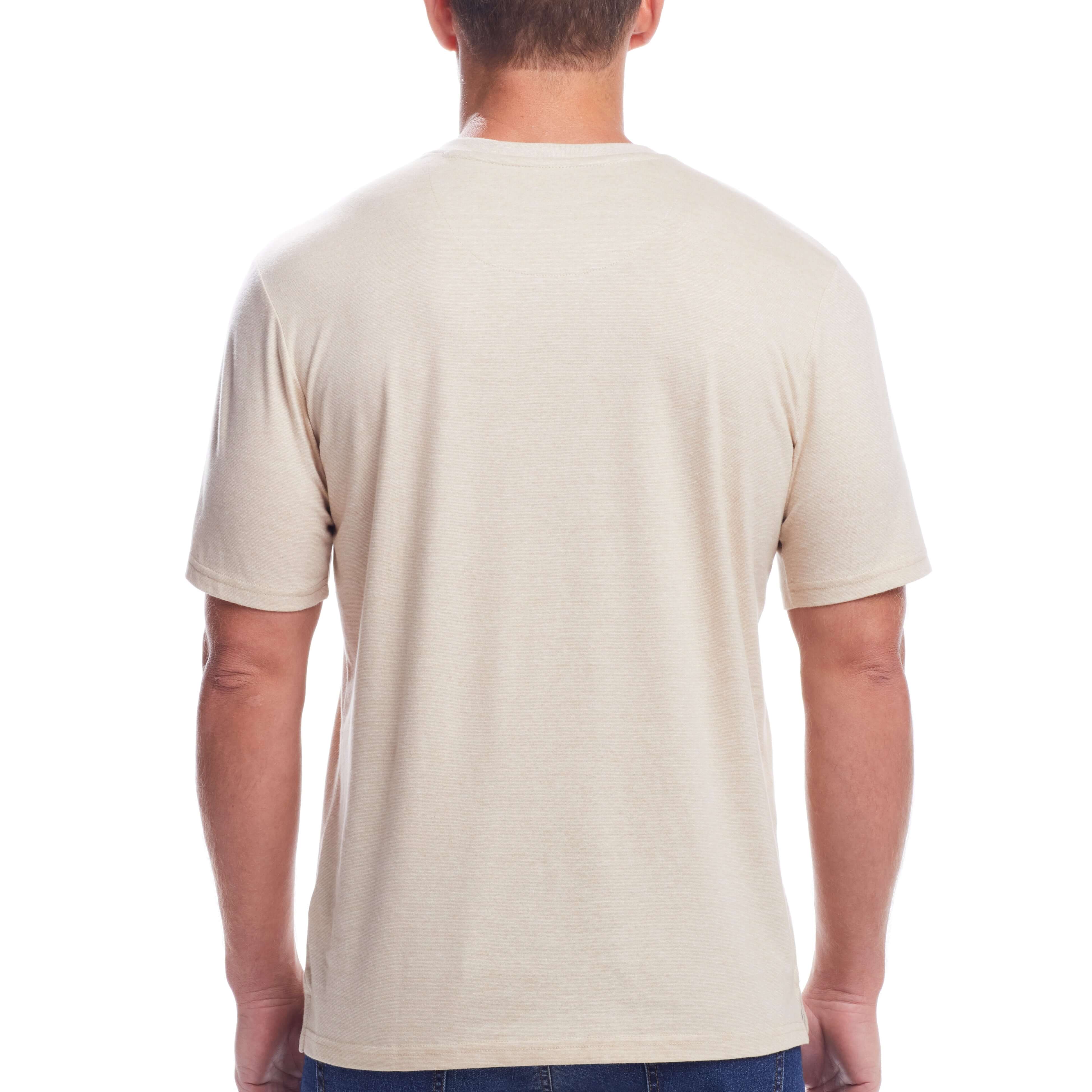 Short Sleeve Sueded Microstripe Henley In Natural - back view of model wearing the shirt in soft beige tone.