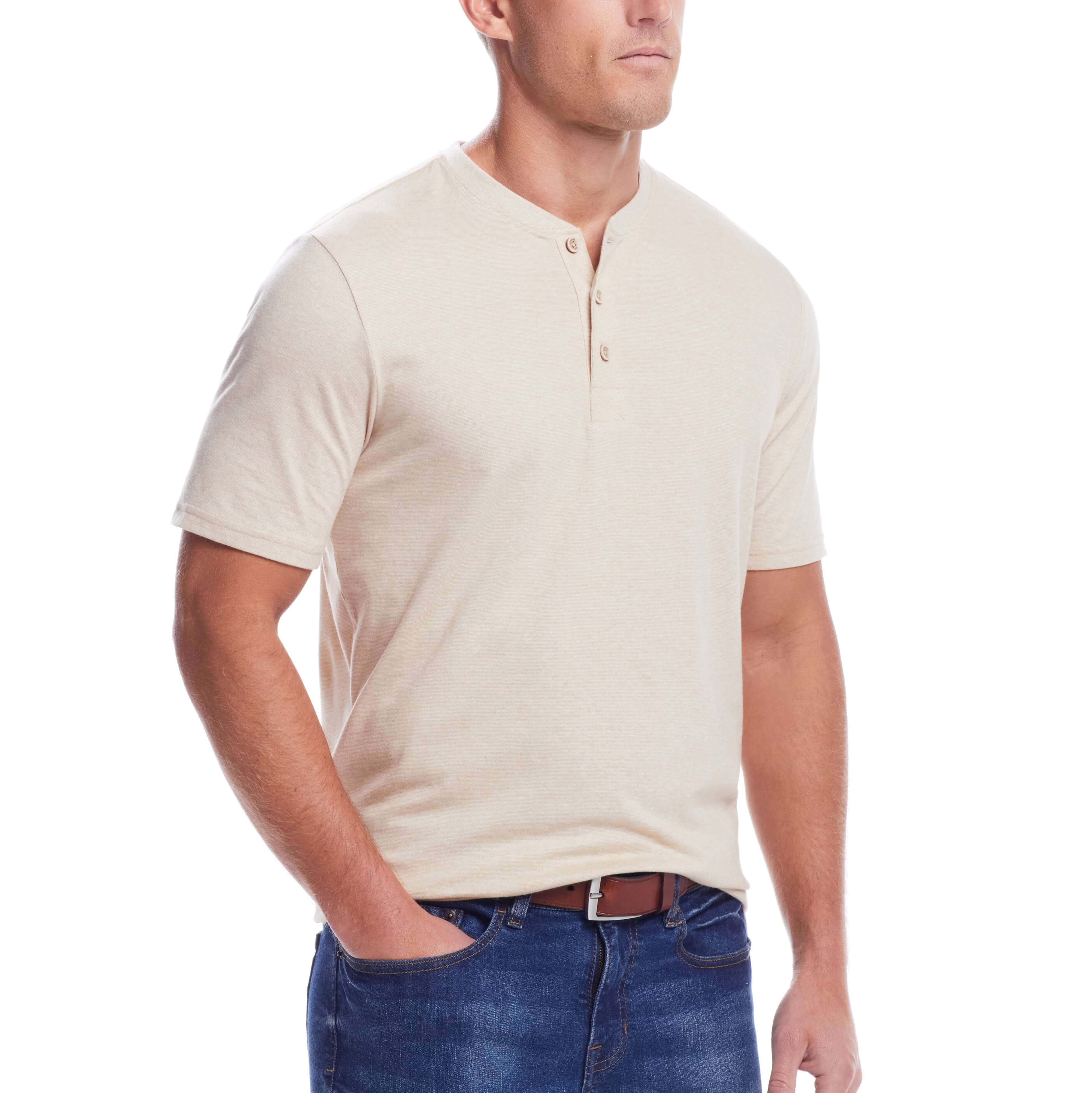 Model showcasing the Short Sleeve Sueded Microstripe Henley In Natural, featuring a soft brushed jersey and ribbed collar.