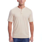 Short Sleeve Sueded Microstripe Henley In Natural modeled by a male model, showcasing soft brushed jersey fabric.