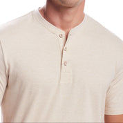 Short Sleeve Sueded Microstripe Henley In Natural shown in soft brushed jersey with rib Henley collar and button placket.