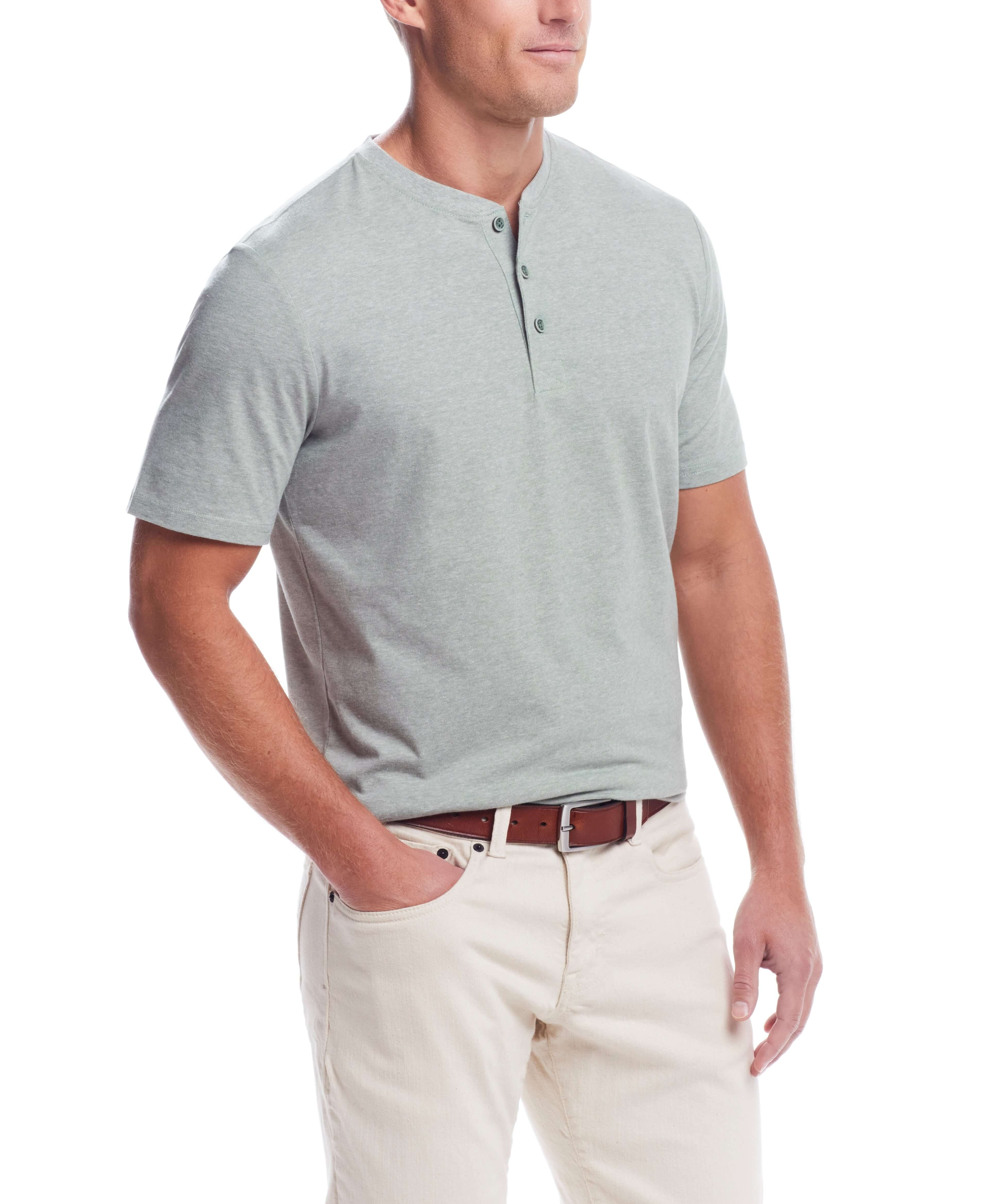 Short Sleeve Sueded Microstripe Henley In Sea Spray worn by model, showcasing its soft brushed jersey and classic fit.