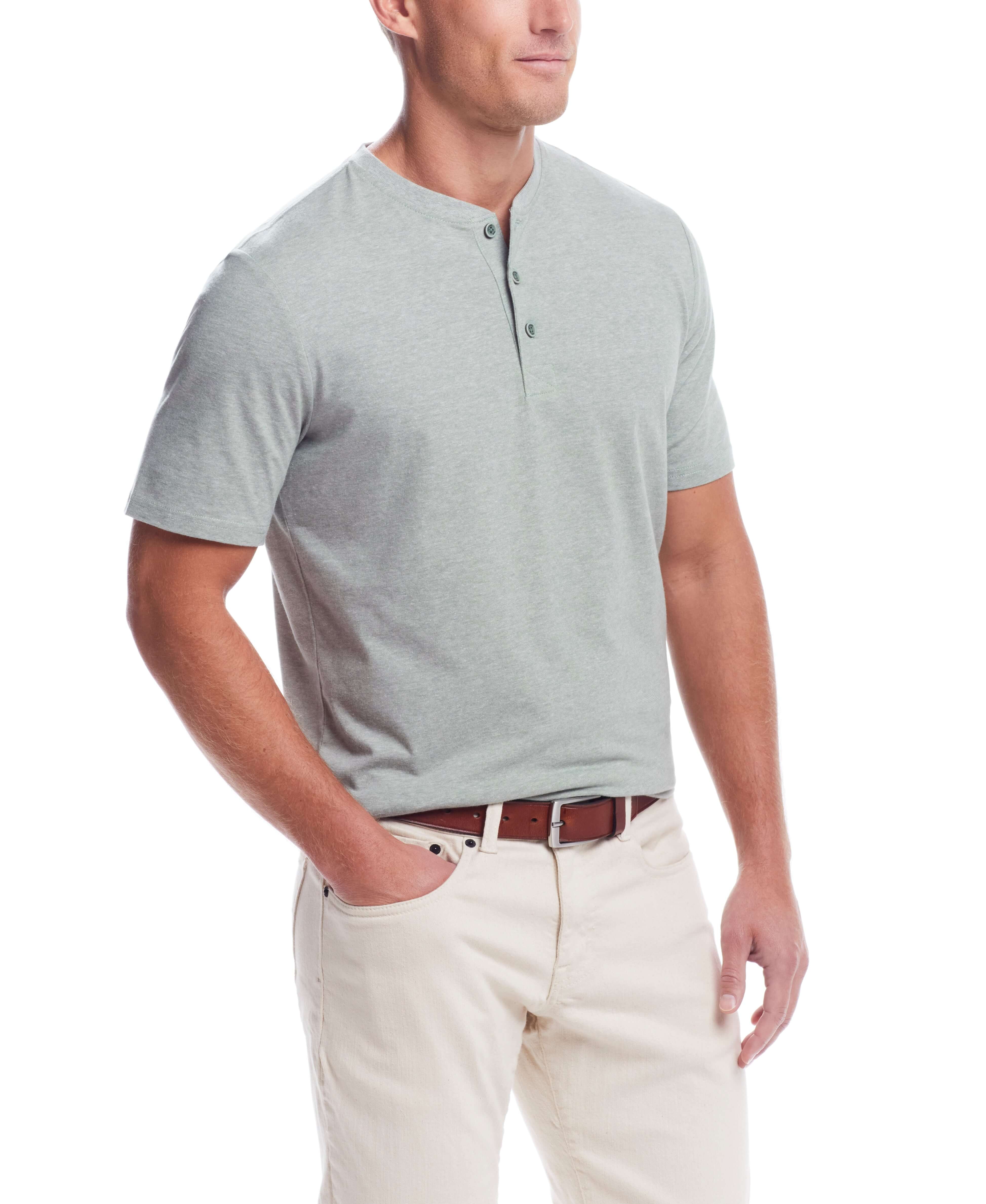 Short Sleeve Sueded Microstripe Henley In Sea Spray worn by model, showcasing its soft brushed jersey and classic fit.