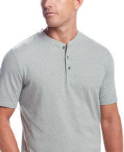 Short Sleeve Sueded Microstripe Henley In Sea Spray worn by model, featuring a soft brushed jersey and rib collar.