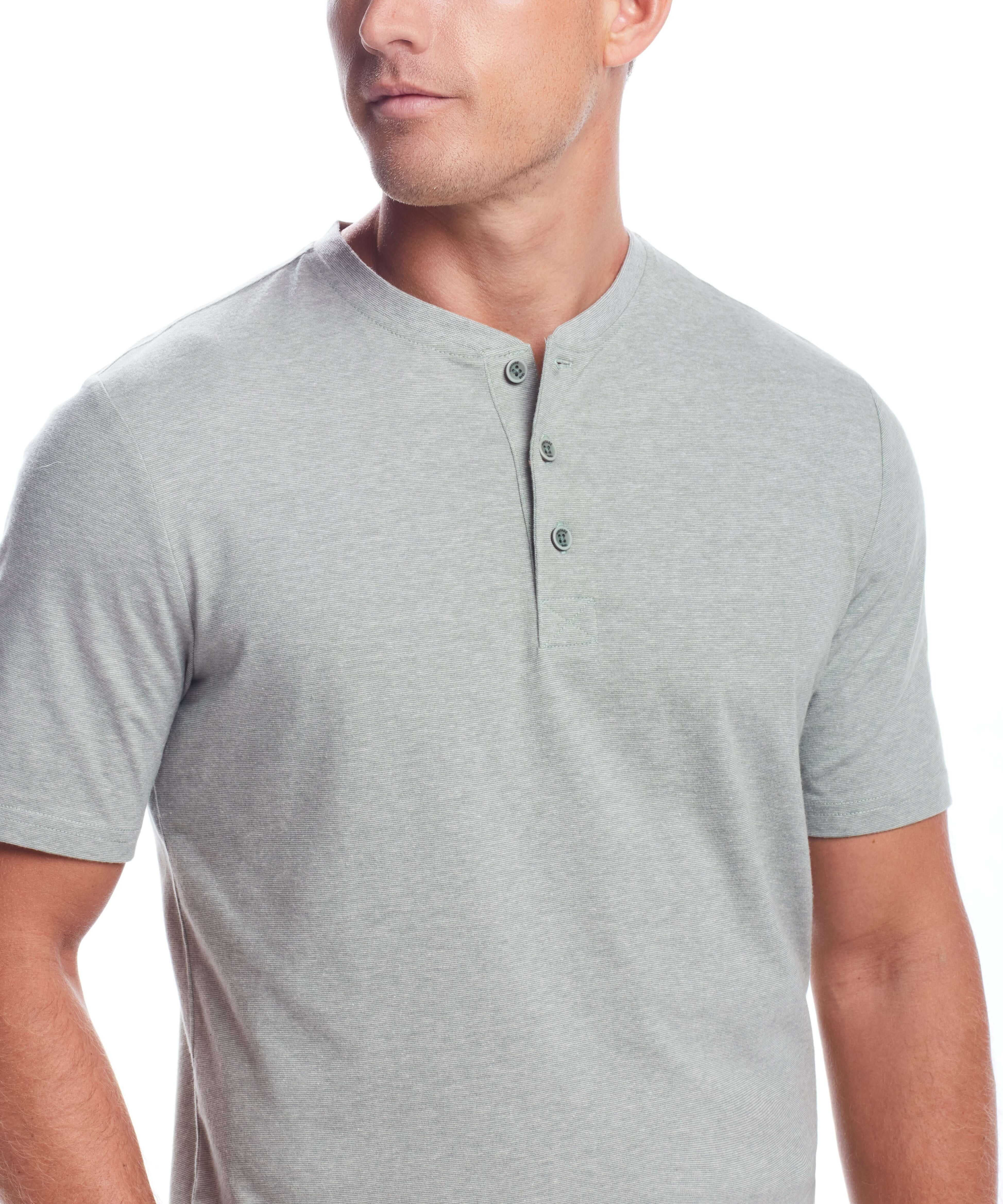 Short Sleeve Sueded Microstripe Henley In Sea Spray worn by model, featuring a soft brushed jersey and rib collar.