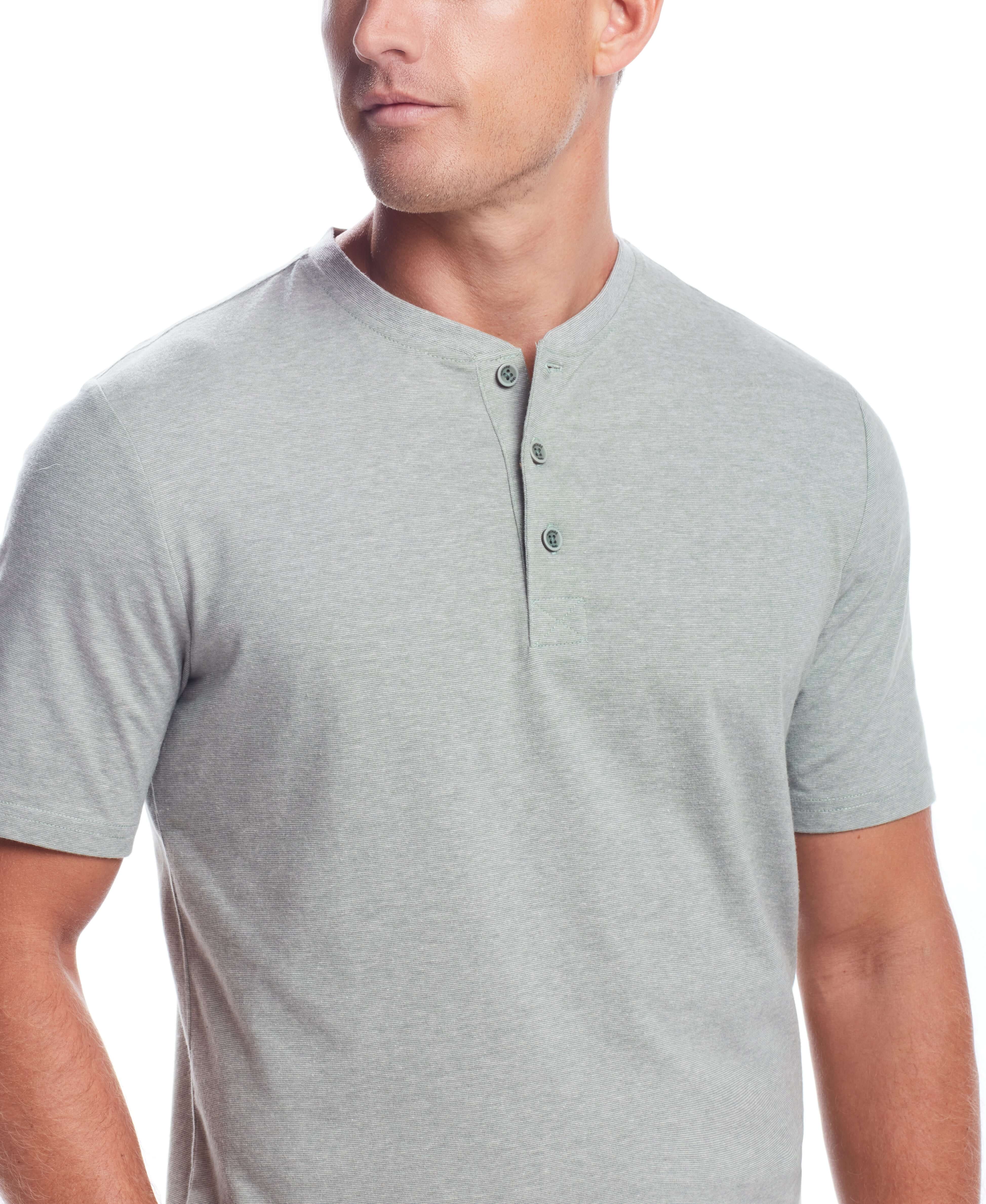 Short Sleeve Sueded Microstripe Henley In Sea Spray worn by model, featuring a soft brushed jersey and rib collar.