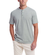 Short Sleeve Sueded Microstripe Henley In Sea Spray model wearing a soft brushed jersey henley with a rib collar.